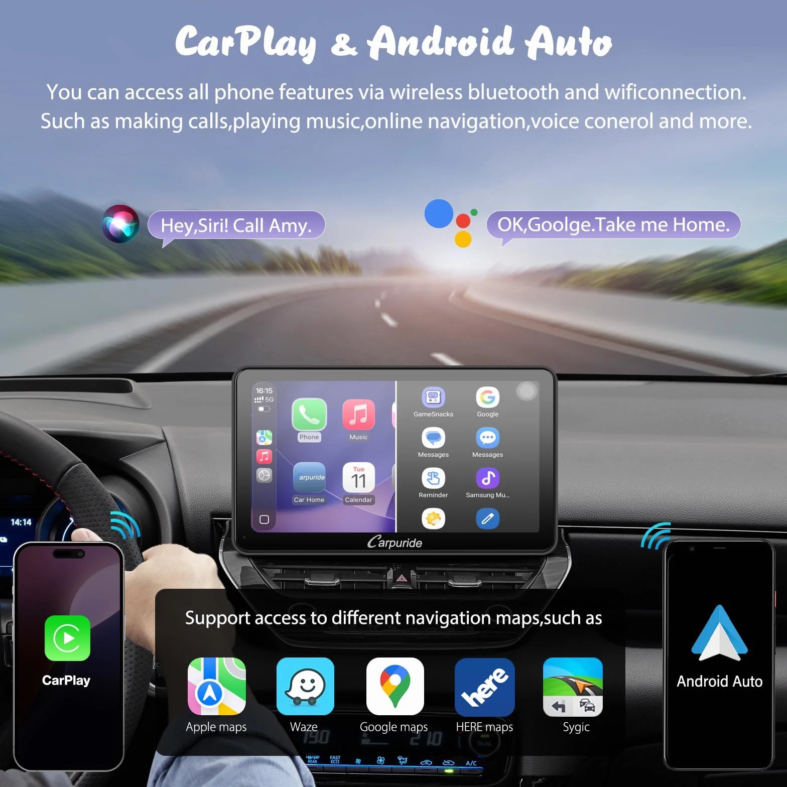 Carpuride W701 Pro z bezprzewodową transmisją Bluetooth, przenośne radio samochodowe z CarPlay i Android Auto, 7-calowy ekran dotykowy 1080p, MirrorLink/GPS/Siri/FM, w zestawie 3 uchwyty