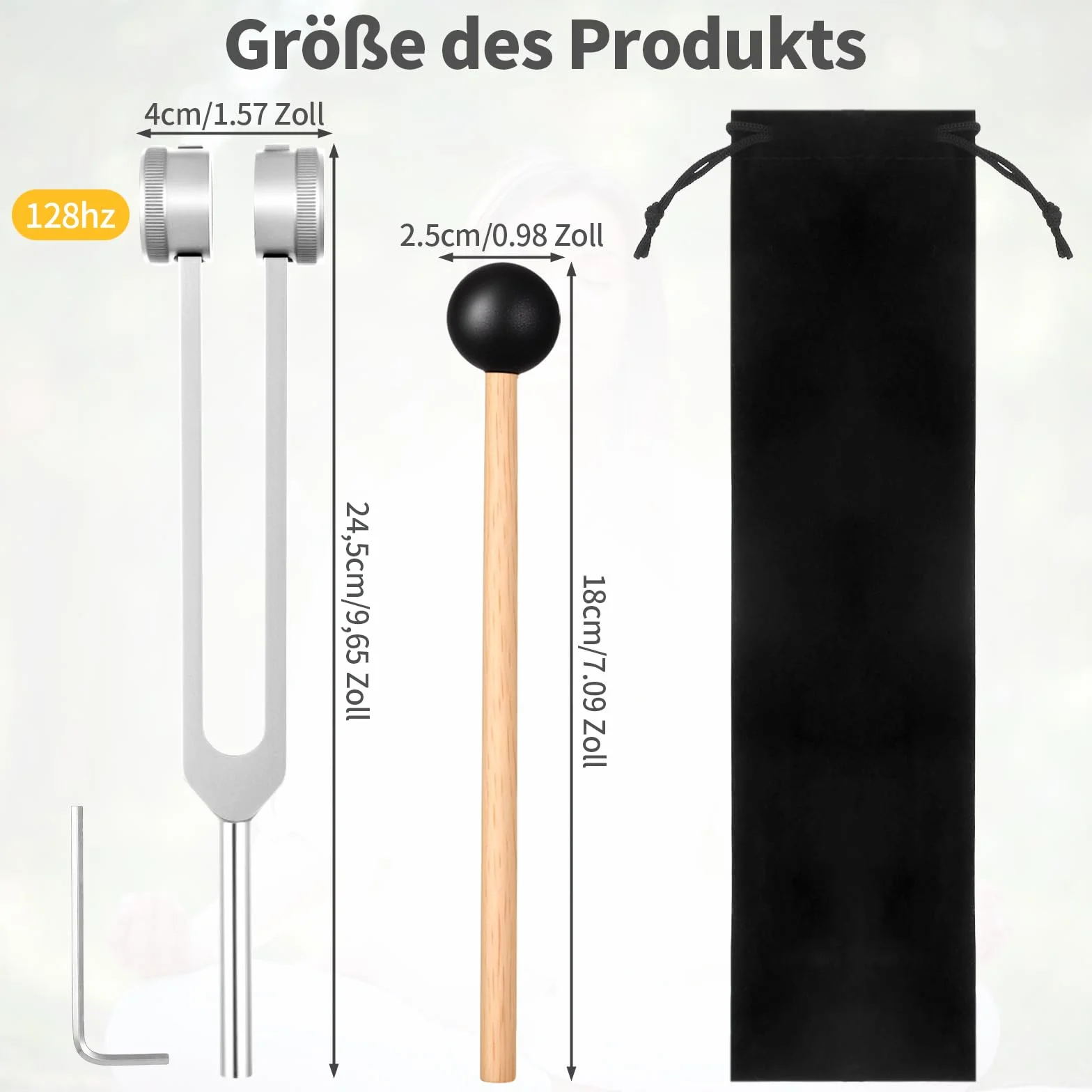 Widelec do strojenia 128 Hz do terapii, 128 Hz, aluminium, do terapii częstotliwościowej, z aksamitnym woreczkiem, silikonowym młotkiem i narzędziem do naprawy (kolor srebrny)