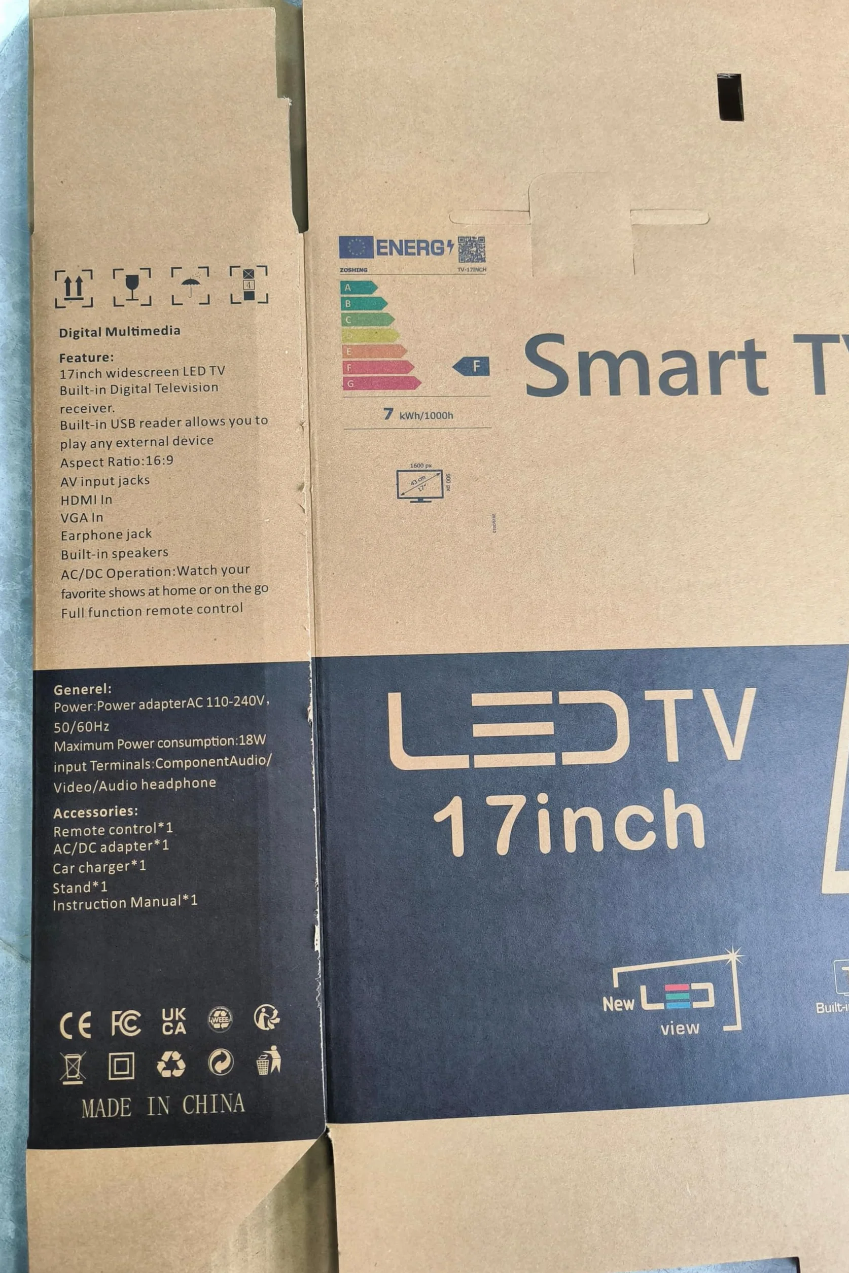 KCR Smart TV, 17-calowy LED, cyfrowy DVB-T2, przenośny telewizor Freeview, gniazdo USB, wyjście słuchawkowe, pilot zdalnego sterowania koncentryczny, wejście AV, wejście HDMI, czarny