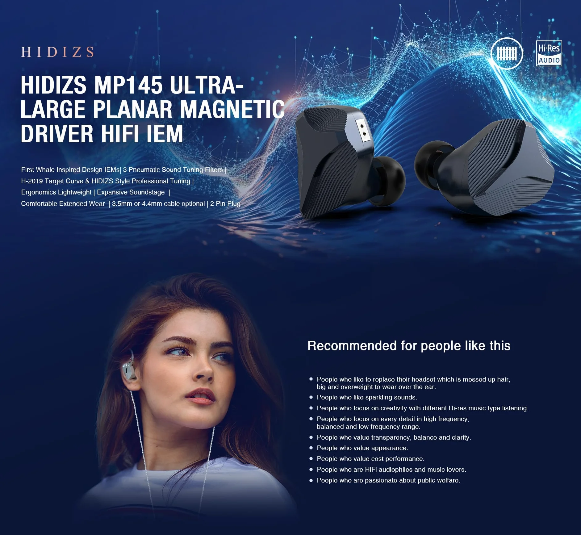 Linsoul Hidizs MP145 monitor douszny, płaski sterownik magnetyczny 14,5 mm, słuchawki HiFi, przewodowe słuchawki douszne do gier z odłączanym 2-pinowym kablem OFC dla muzyków audiofilów (niebieskie,