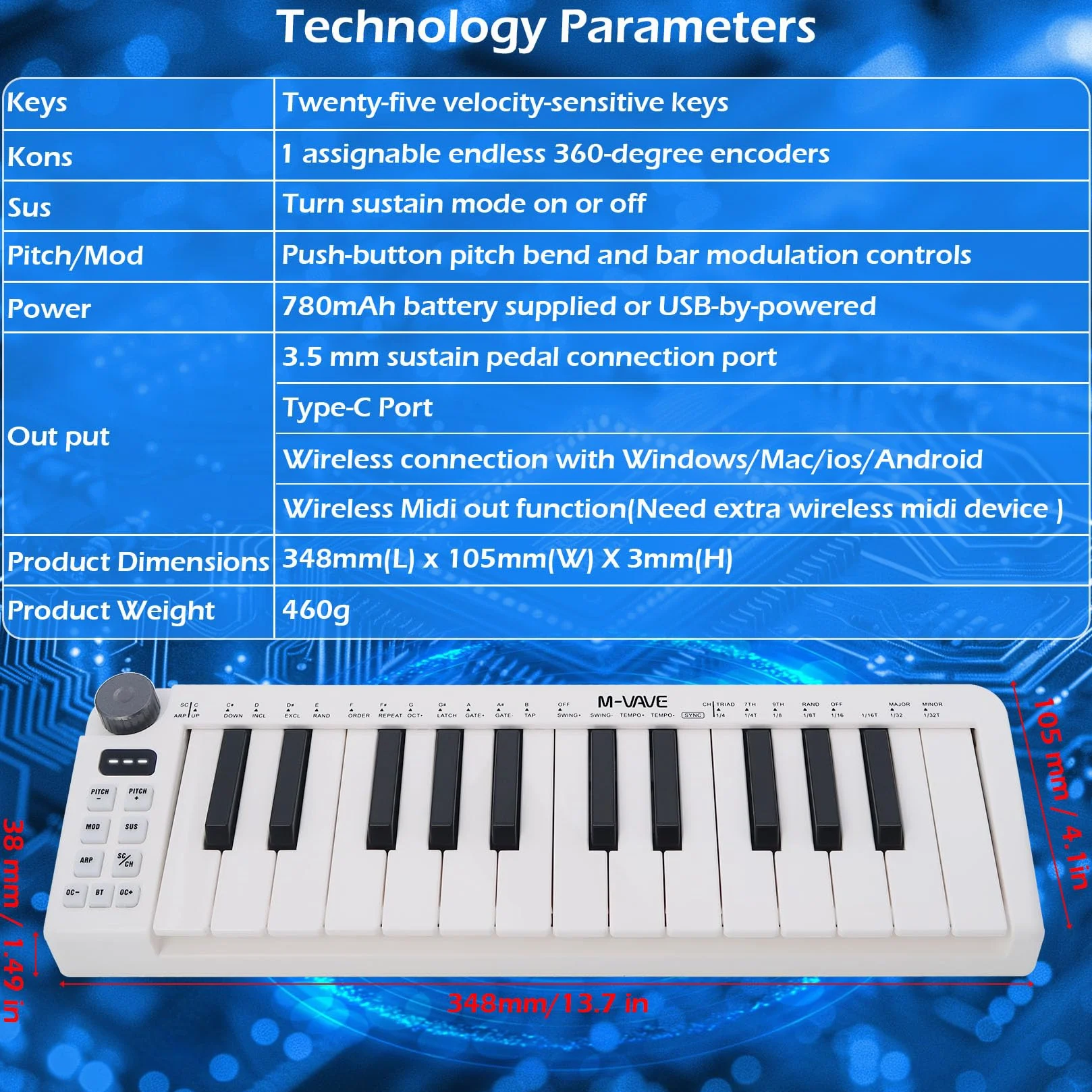 M-VAVE 25-klawiszowa mini klawiatura, klawiatura MIDI, profesjonalny Beat Maker i Keytar do produkcji muzycznej, wbudowana bateria, bezprzewodowe połączenie, Biały, mini bez
