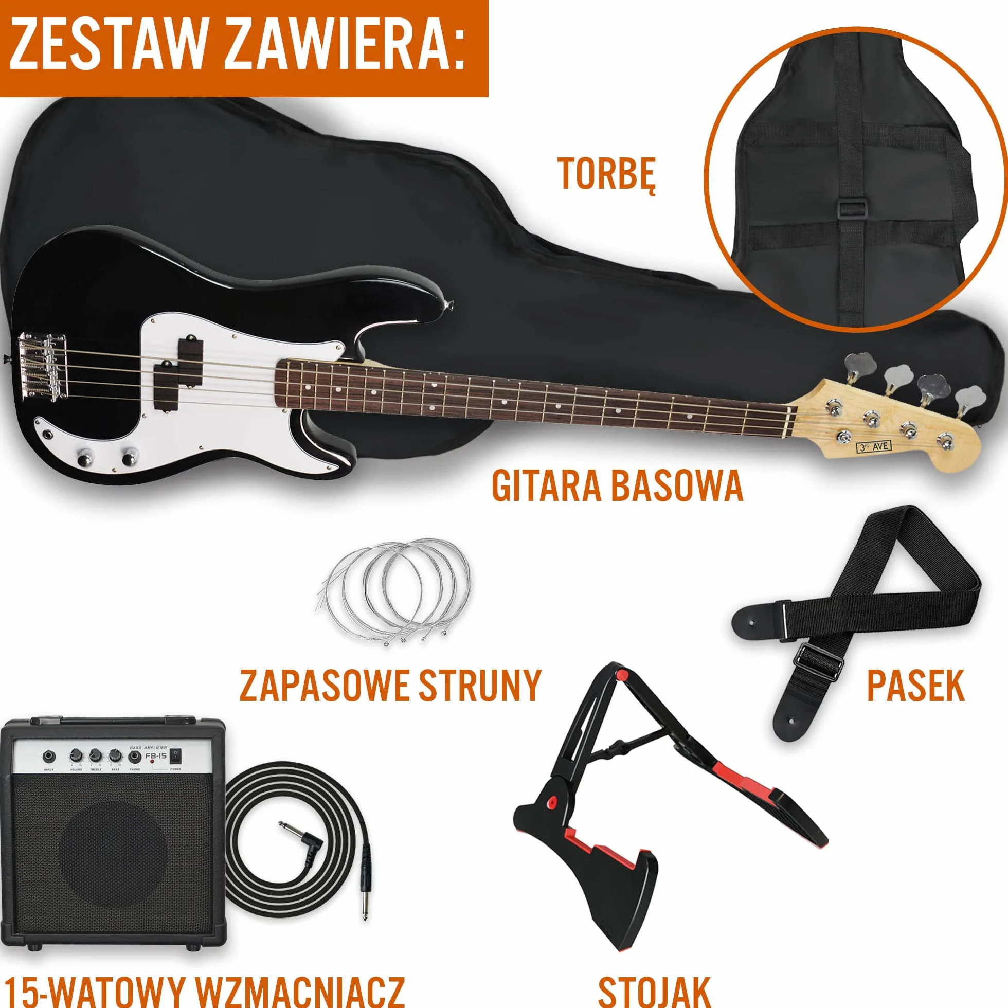 3rd Avenue Zestaw pełnowymiarowej (4/4) gitary basowej dla początkujących, ze wzmacniaczem 15-watowym, futerałem, przewodem, paskiem, stojakiem i zapasowymi strunami – w kolorze czarnym