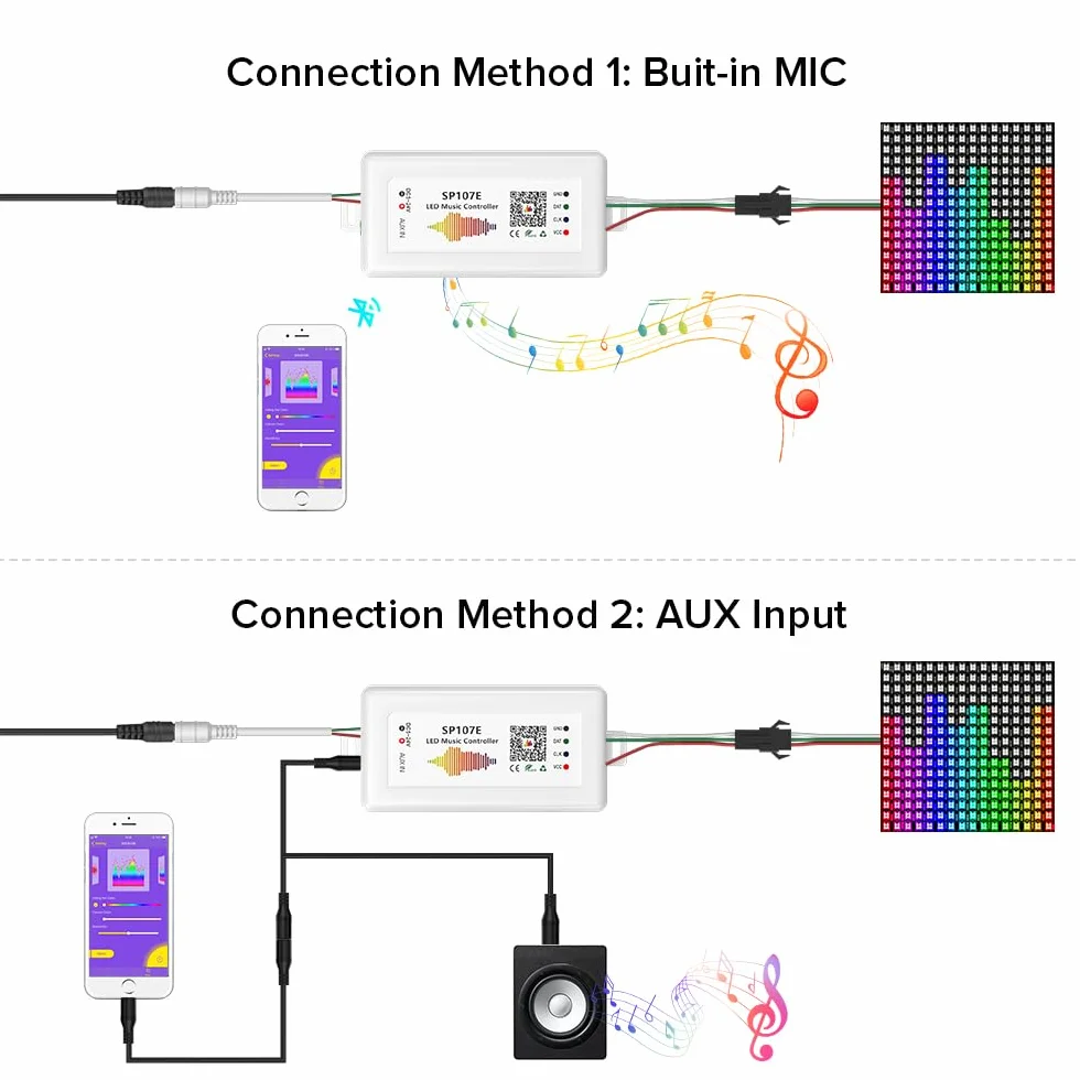 BTF-LIGHTING WS2812B WS2811 SP107E Muzyka Bluetooth Pełnokolorowy kontroler iOS/Andriod App Control Support WS2813 SK9822 SK6812RGB SK6812RGBW Nadaje się do taśmy LED lub panelu matrycowego LED