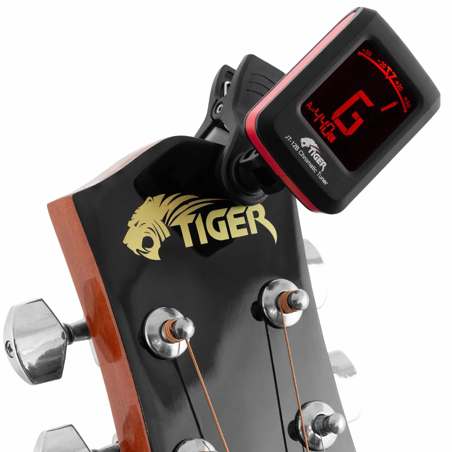 TIGER chromatyczny tuner do gitary - łatwy w użyciu bardzo dokładny tuner Clip-on - nadaje się do gitary/basu/skrzypiec/ukulele - bateria w zestawie, czarna, JT-12B