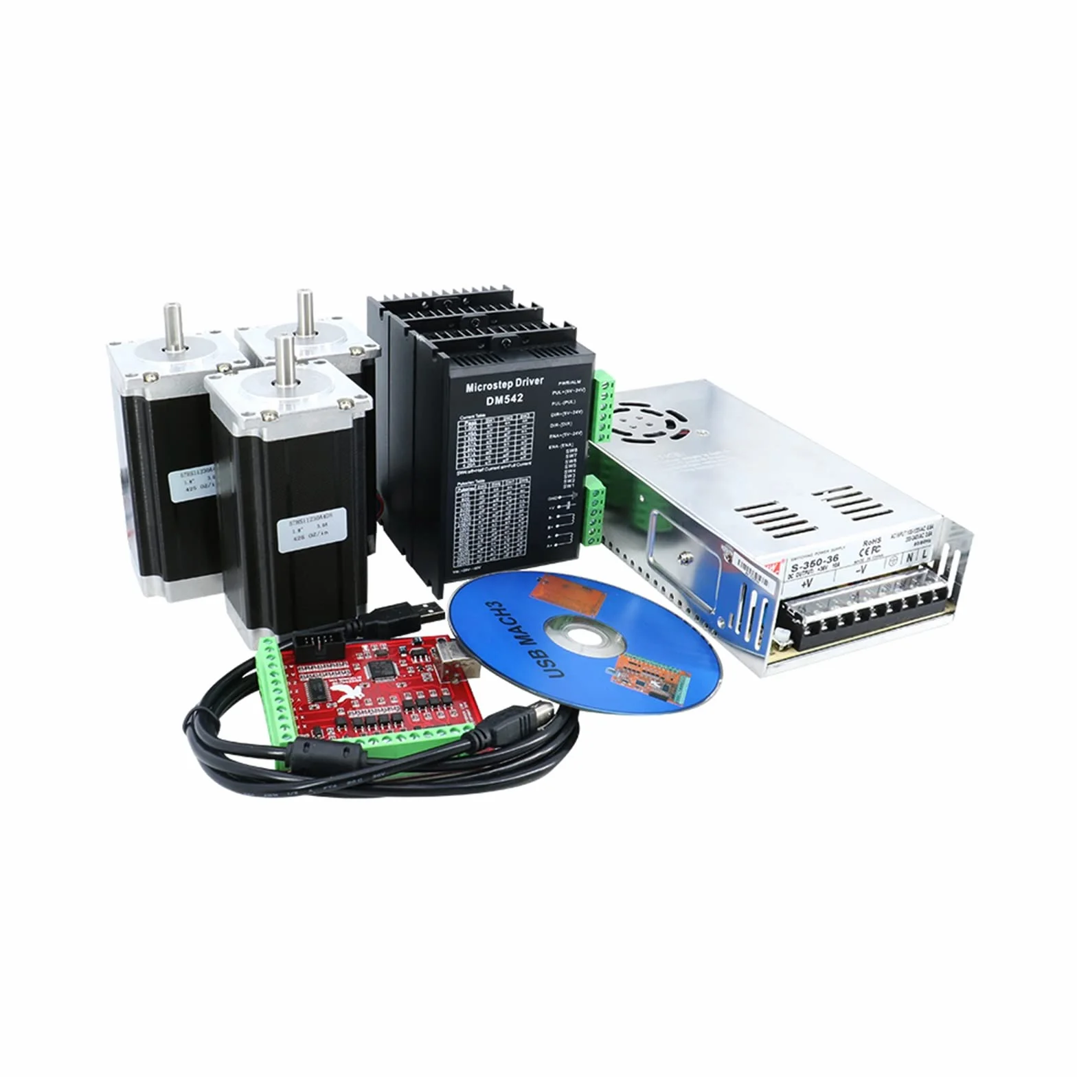 Zestaw frezów CNC o grubości 8 mm, 3 osie, 3 sterowniki silnika krokowego DM542 i silnik Nema23 1200 g + płyta interfejsu USB mach3 + zasilacz sieciowy
