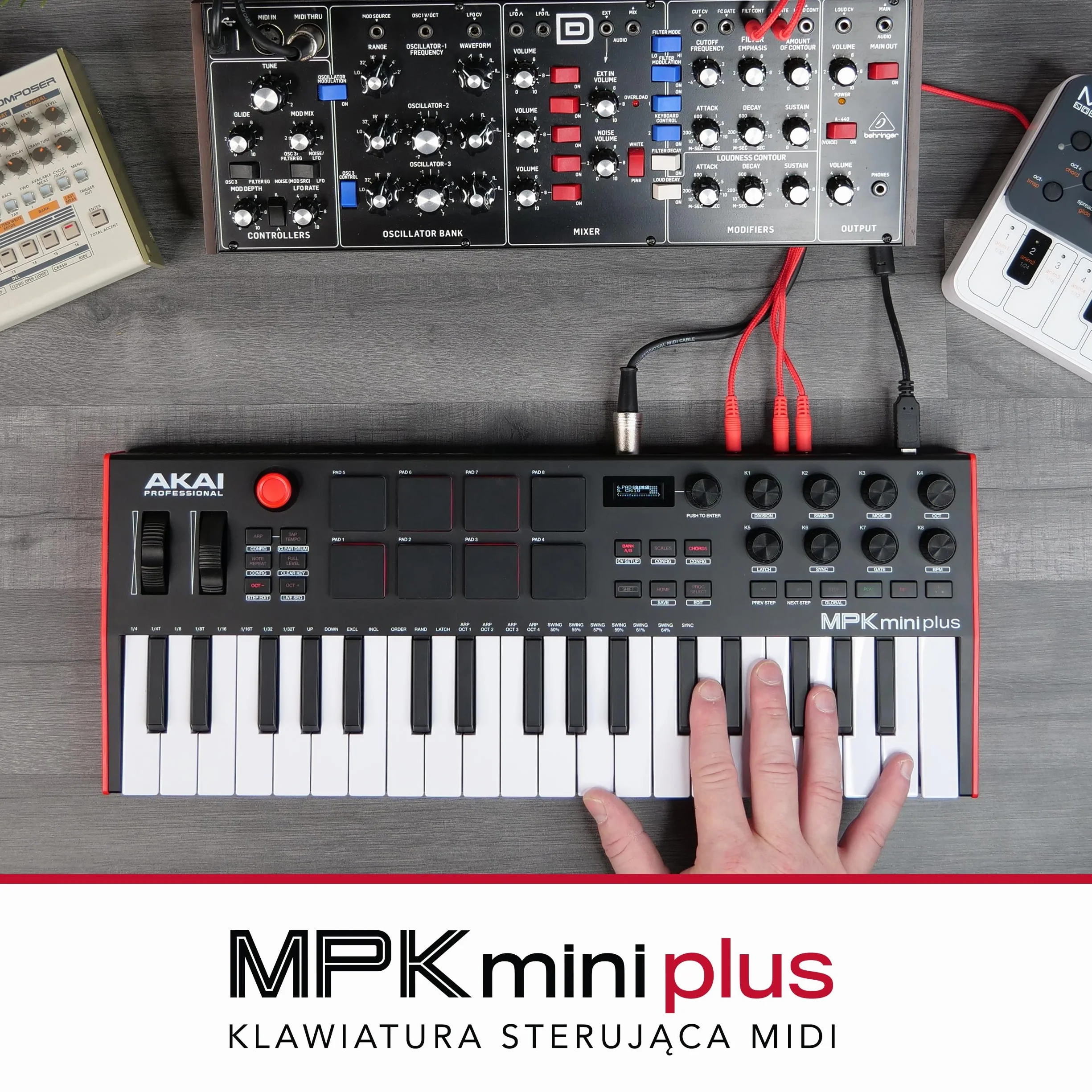 Akai Professional MPK Mini Plus – klawiatura sterująca USB MIDI z 37 miniklawiszami, 8 padami MPC, sekwencerem, MIDI/CV/Gate I/O, programem do produkcji muzyki oraz pakietem Native Instruments