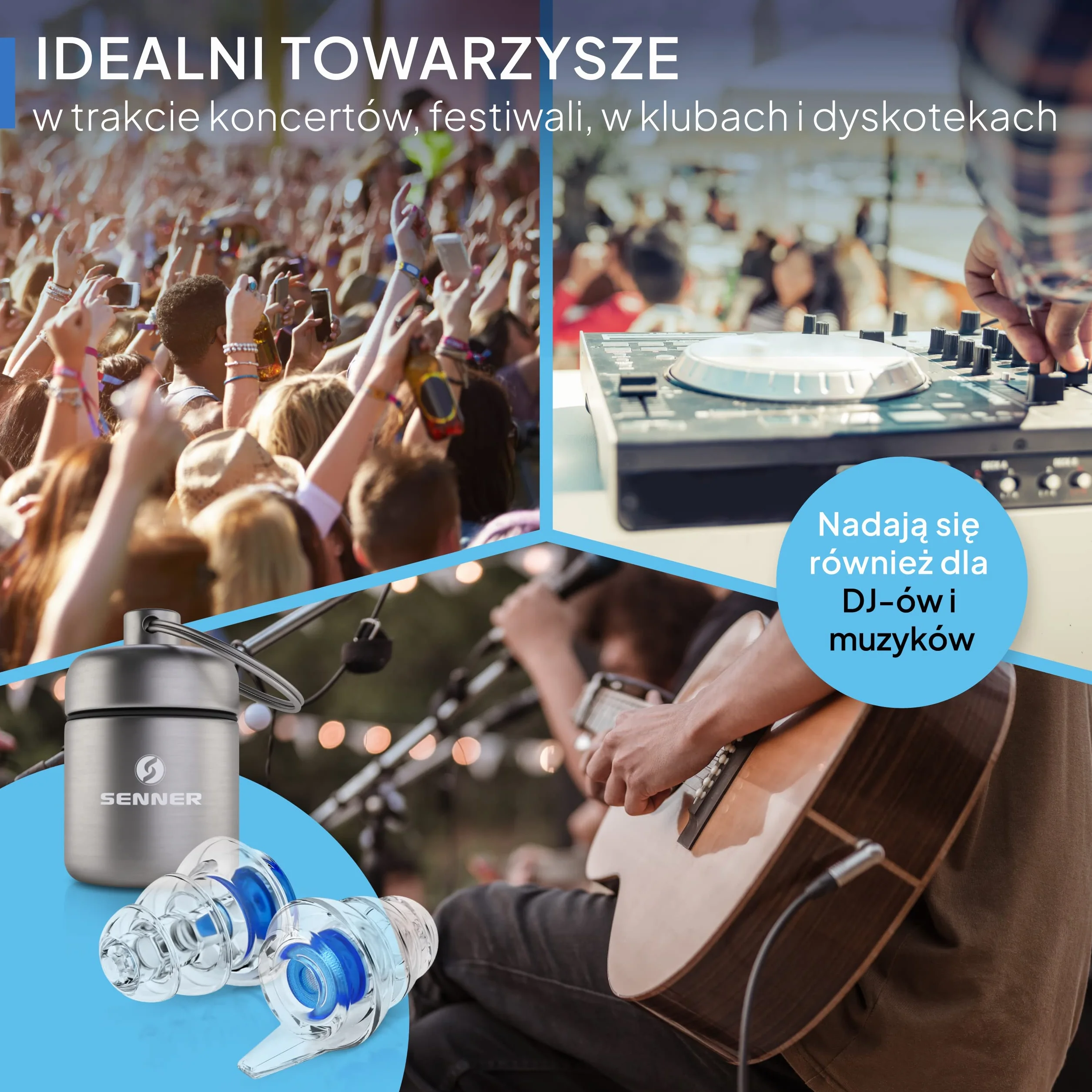 Senner MusicPro - Ochrona słuchu na festiwale, koncerty i dyskoteki, aluminiowy pojemnik, niebieski filtr/przezroczysty - zatyczki do uszu/ochrony słuchu dorośli