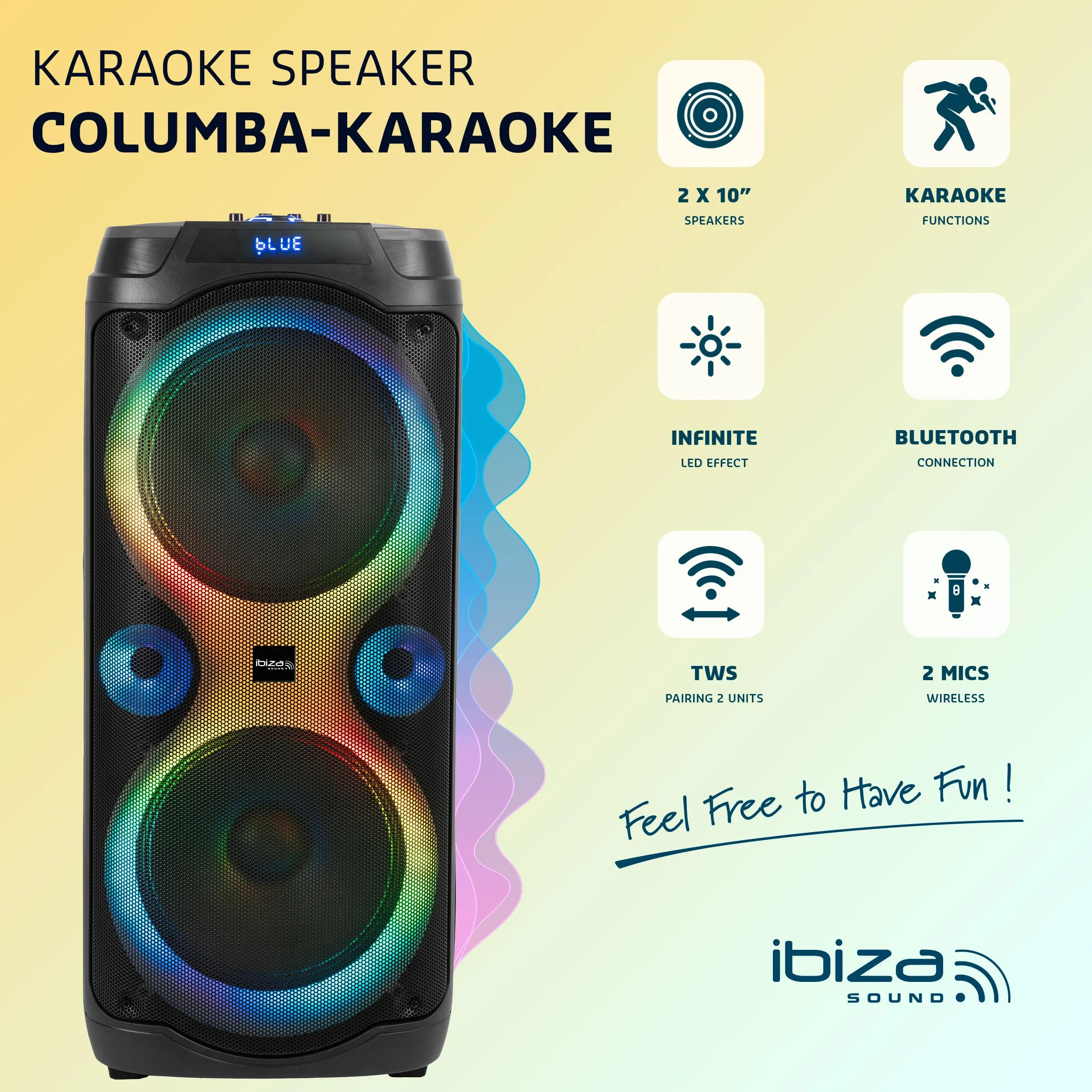 Ibiza - COLUMBA-KARAOKE - Głośnik Bluetooth KARAOKE z 2 mikrofonami bezprzewodowymi - Zmieniacz głosu, oświetlenie LED, funkcja Talkover i Rec - Wieczory Karaoke