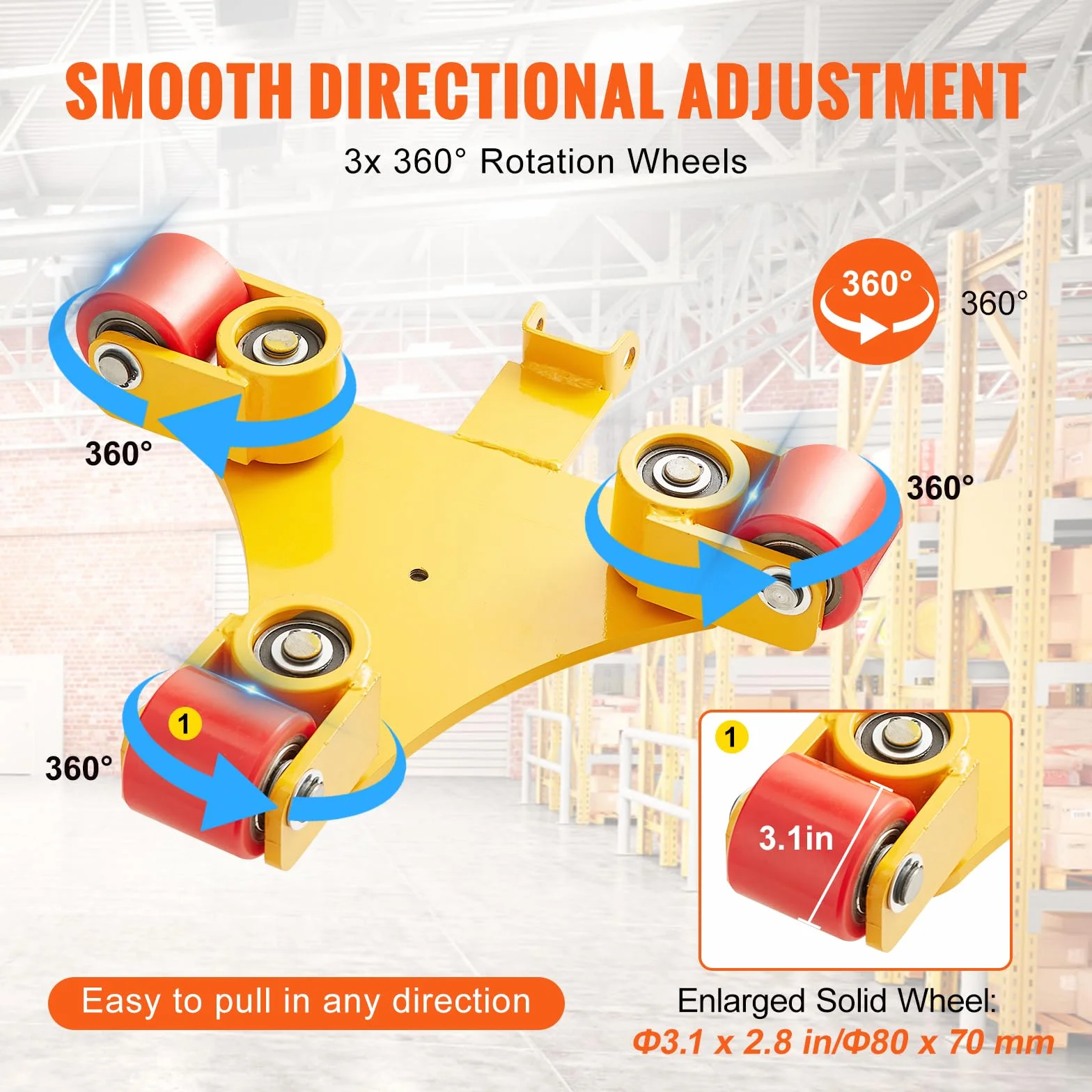 VEVOR 3T Zawieszenie transportowe z uchwytem 425 x 335 x 116 mm, rolki transportowe ze stali węglowej, rolki przemysłowe z 3 x 360° koła PU, średnica 165 x 10 mm, płyta obrotowa, pomoc w transporcie