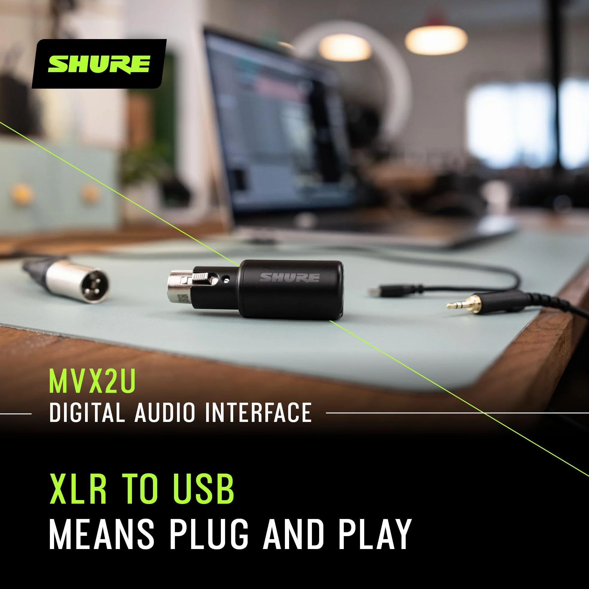 Shure MVX2U Interfejs cyfrowy XLR-do-USB z gniazdem słuchawkowym, zintegrowanym przedwzmacniaczem z kontrolą wzmocnienia 60dB, monitorowaniem bez opóźnień, zasilaniem fantomowym 48V