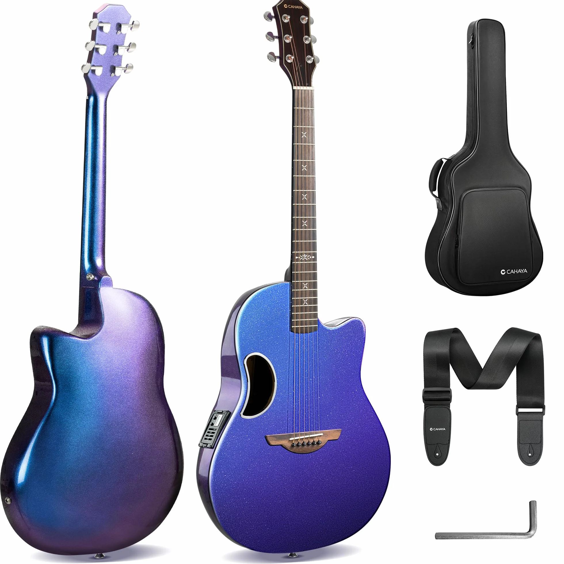 CAHAYA Lekka gitara elektroakustyczna z włókna węglowego 41 cali: stylowe niebiesko-fioletowe wykończenie gradientowe, inteligentna gitara ze świerkowym blatem i wbudowanym przetwornikiem