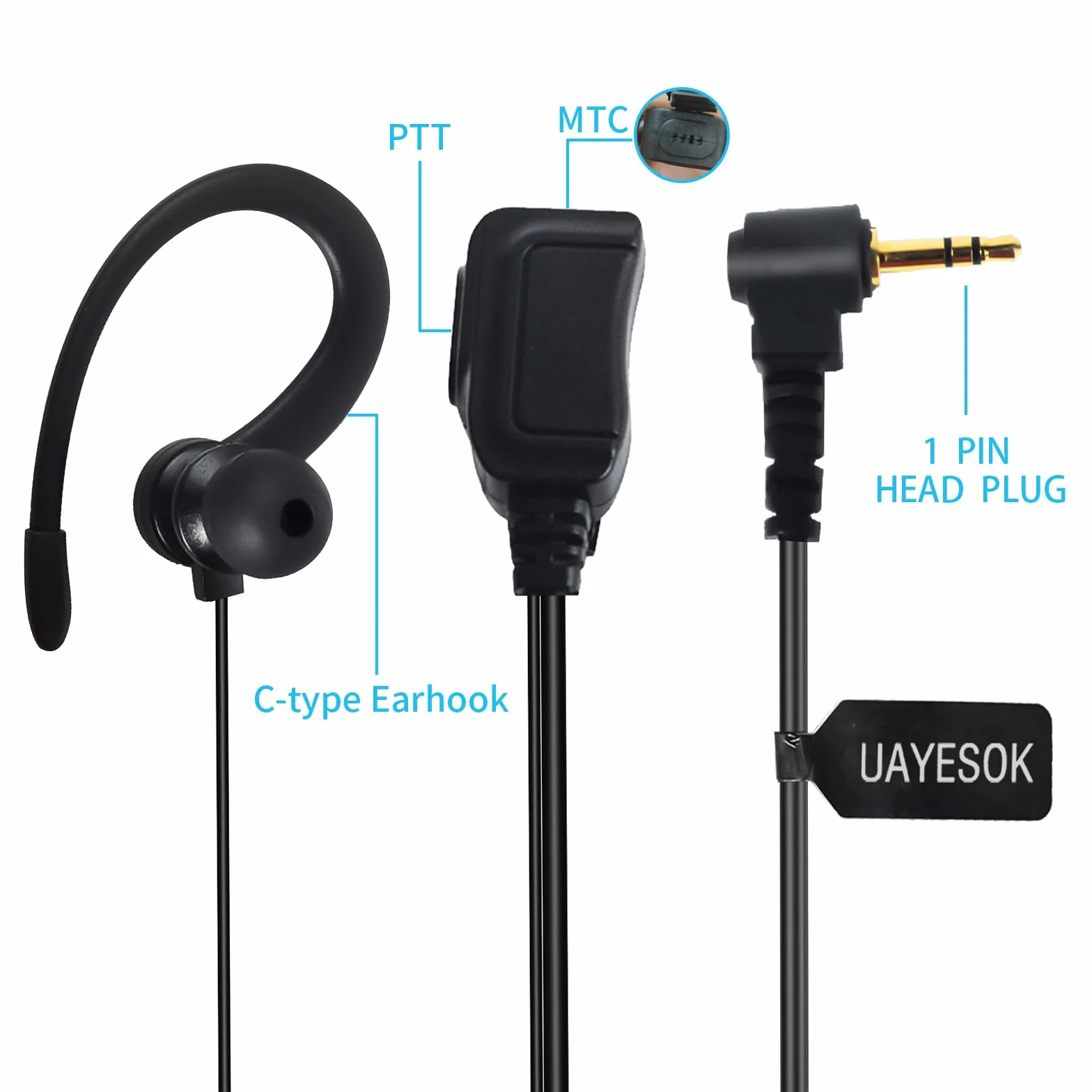 UAYESOK Zestaw słuchawkowy z 1 pinem, 2,5 mm, typ G Security słuchawki do Walkie Talkie Motorola Talkabout TLKR T92 H20 T60 T80 T82 XT180 radiowe, z mikrofonem PTT i zatyczkami do uszu (2 sztuki)