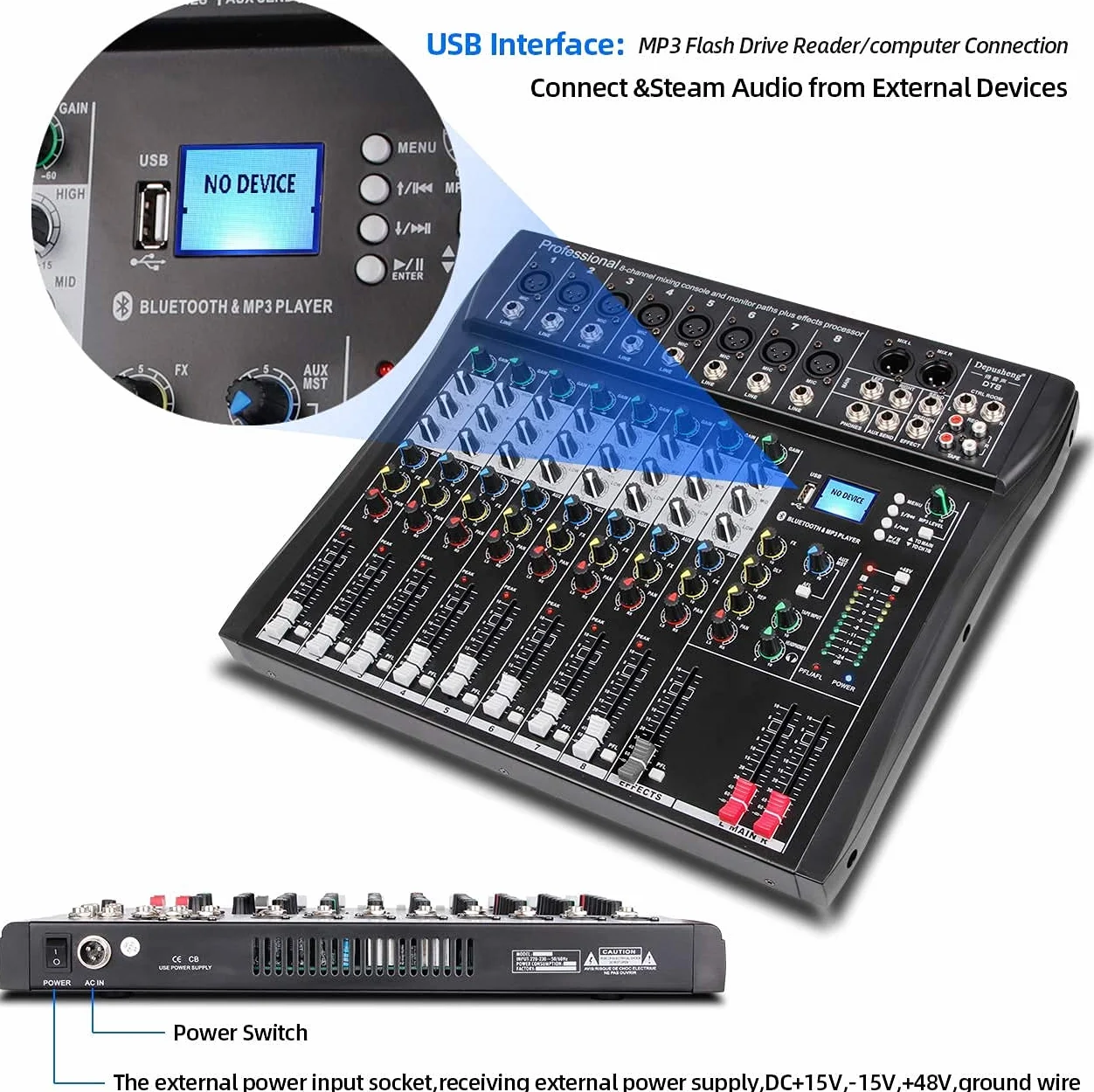 Depusheng DT8 profesjonalny mikser soundboard, konsola, 8-kanałowy system stołowy, interfejs cyfrowy, USB dla komputera i MP3, wejście Phantom 48 V, kolor czarny