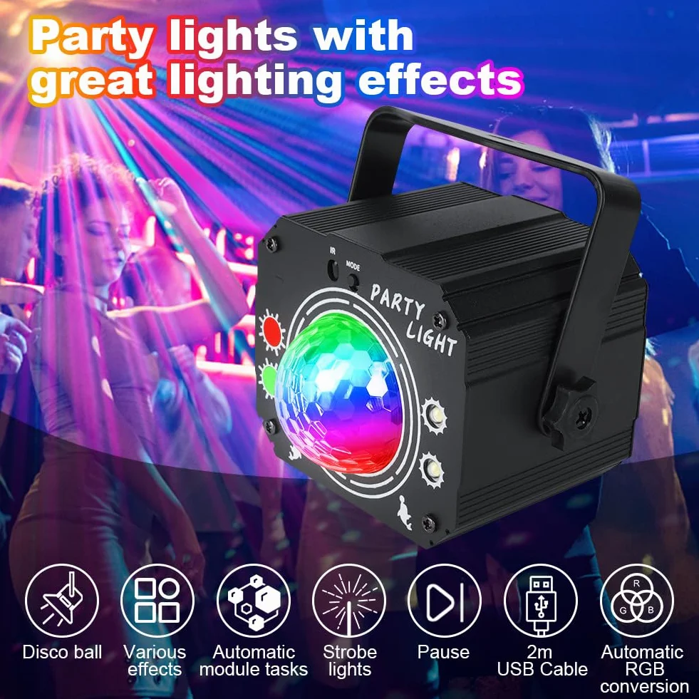 URAQT Kula dyskotekowa, światło imprezowe z pilotem zdalnym, 60 trybów, sterowanie muzyką, kabel USB 2 m, 360° RGB, oświetlenie imprezowe do klubu