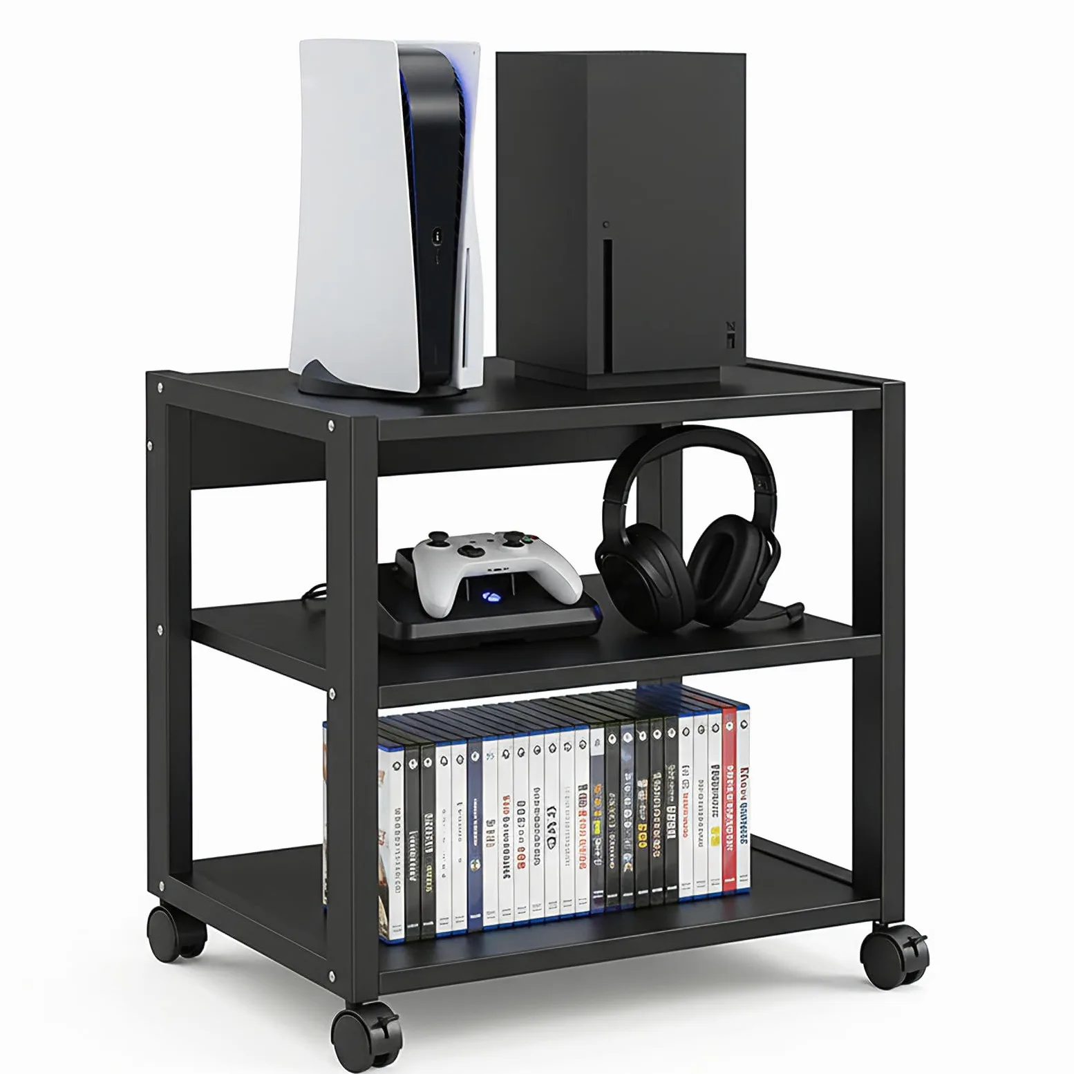 Przenośny stojak HiFi na kółkach, 3-poziomowy regał HiFi na wzmacniacz i gramofon, otwarta konstrukcja zapewnia optymalne odprowadzanie ciepła, stabilny metalowy stelaż, czarny, 50 x 40 x 48,5