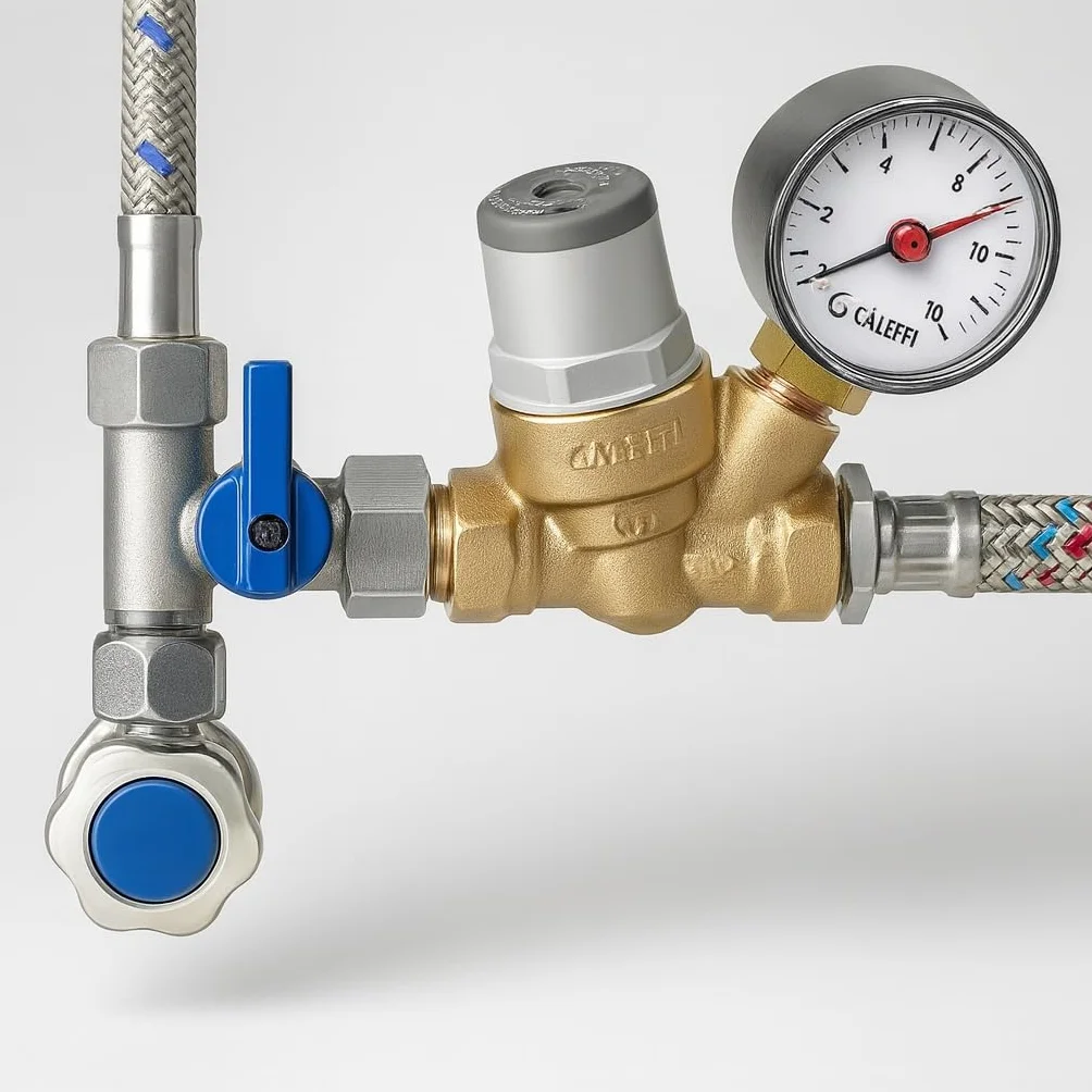 CALEFFI mikro-ukośny reduktor ciśnienia 3/8" cala do 80°C, zakres regulacji ciśnienia od strony wyjściowej 0,8 do 4 bar (z manometrem)