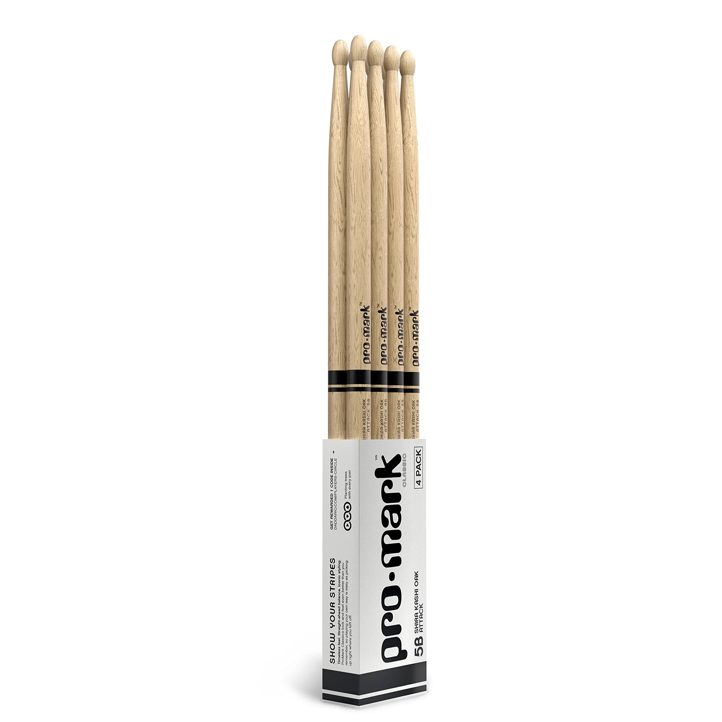 ProMark Classic Attack 5B Shira Kashi Oak Pałeczki perkusyjne, owalna drewniana końcówka, kup 3 pary, otrzymaj 1 gratis