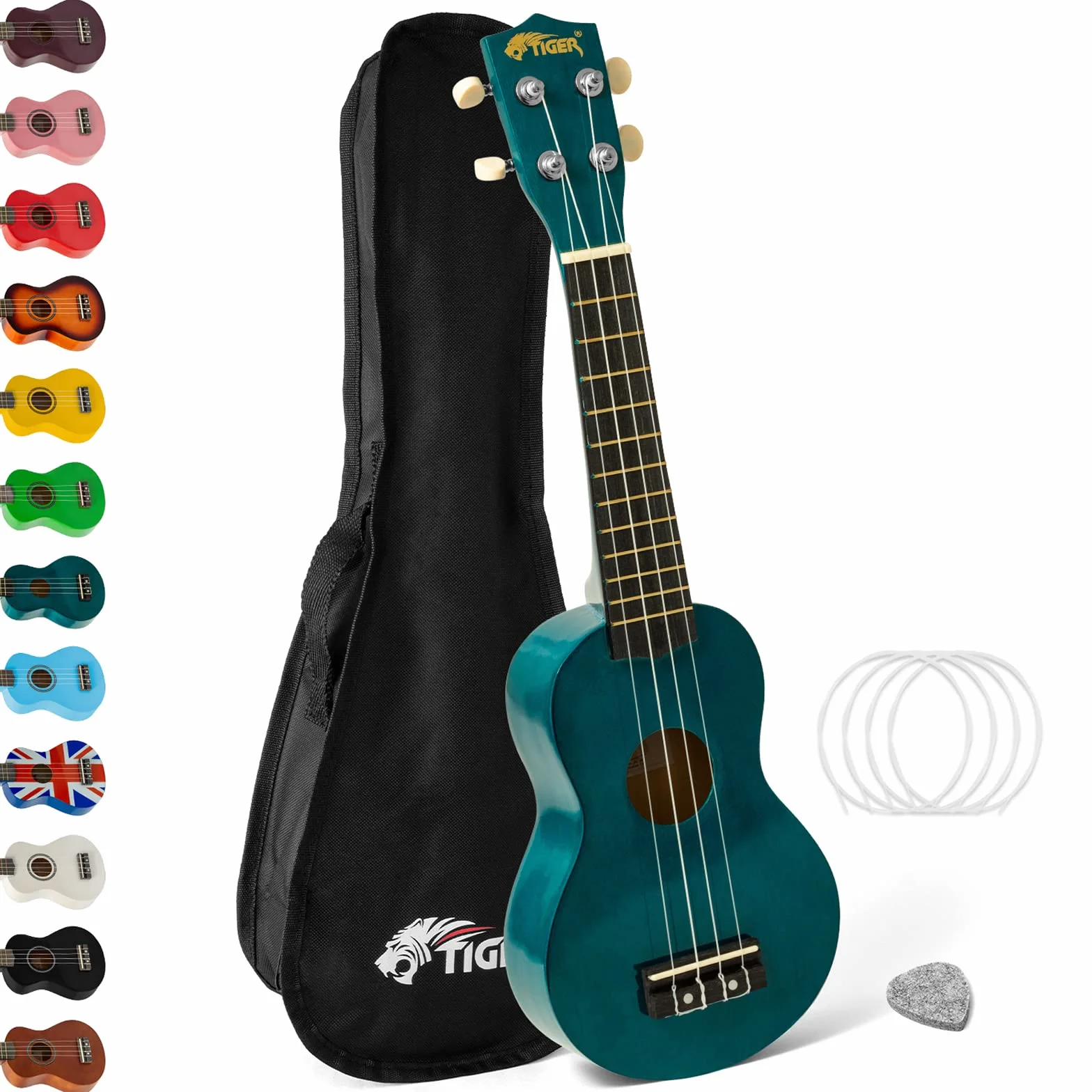 Tiger Ukulele sopranowe z torbą do przenoszenia, filcowe piórko i sznurki zapasowe, niebieski morski | Optymalne dla początkujących i szkół – zawiera etui, filcowy i zapasowe struny teraz ze strunami Aquila