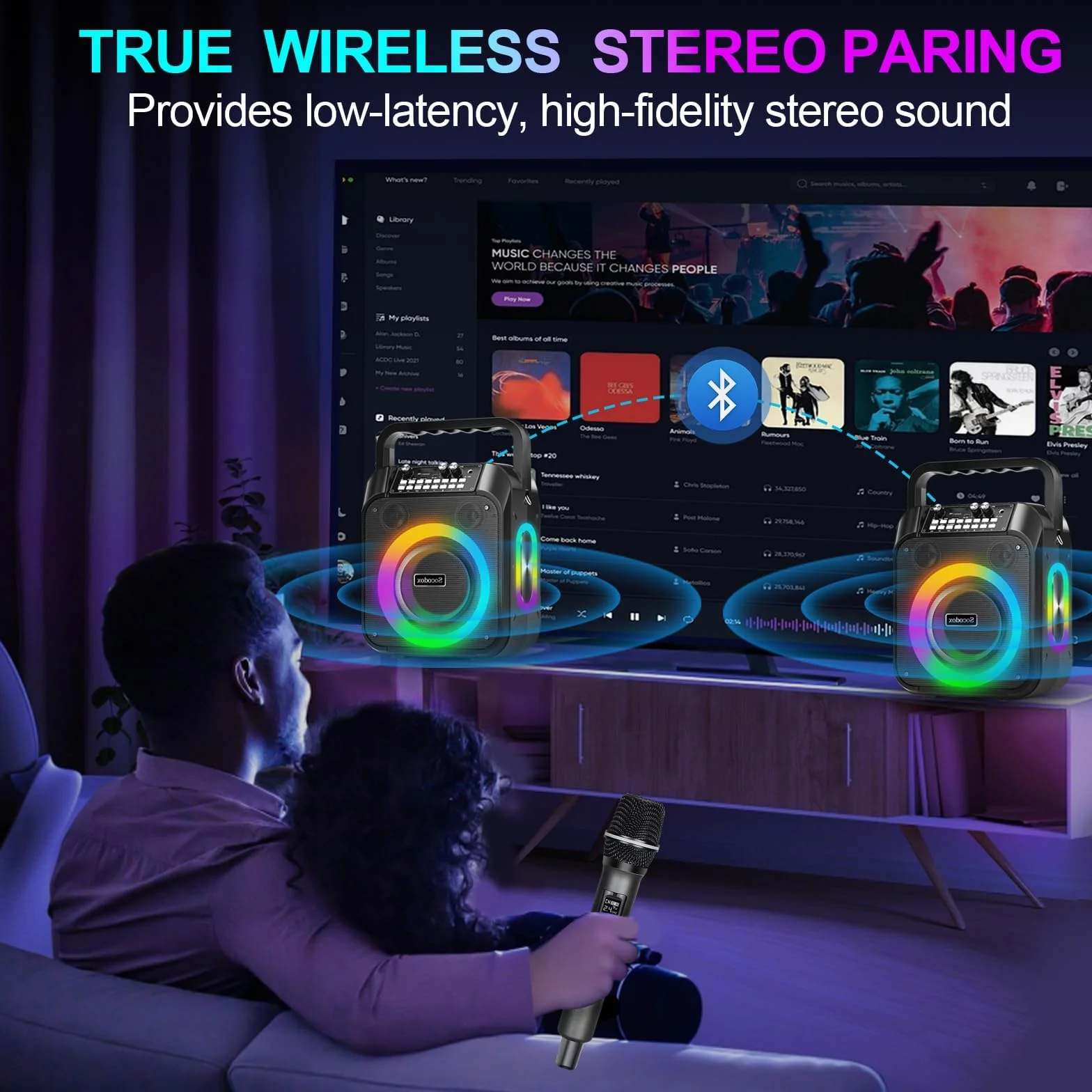 Maszyna do karaoke, przenośny głośnik karaoke Bluetooth z 2 mikrofonami bezprzewodowymi, bateria 6000 mAh, czas odtwarzania 12 godzin, TWS stereo, światło RGB, system PA z podwójną membraną