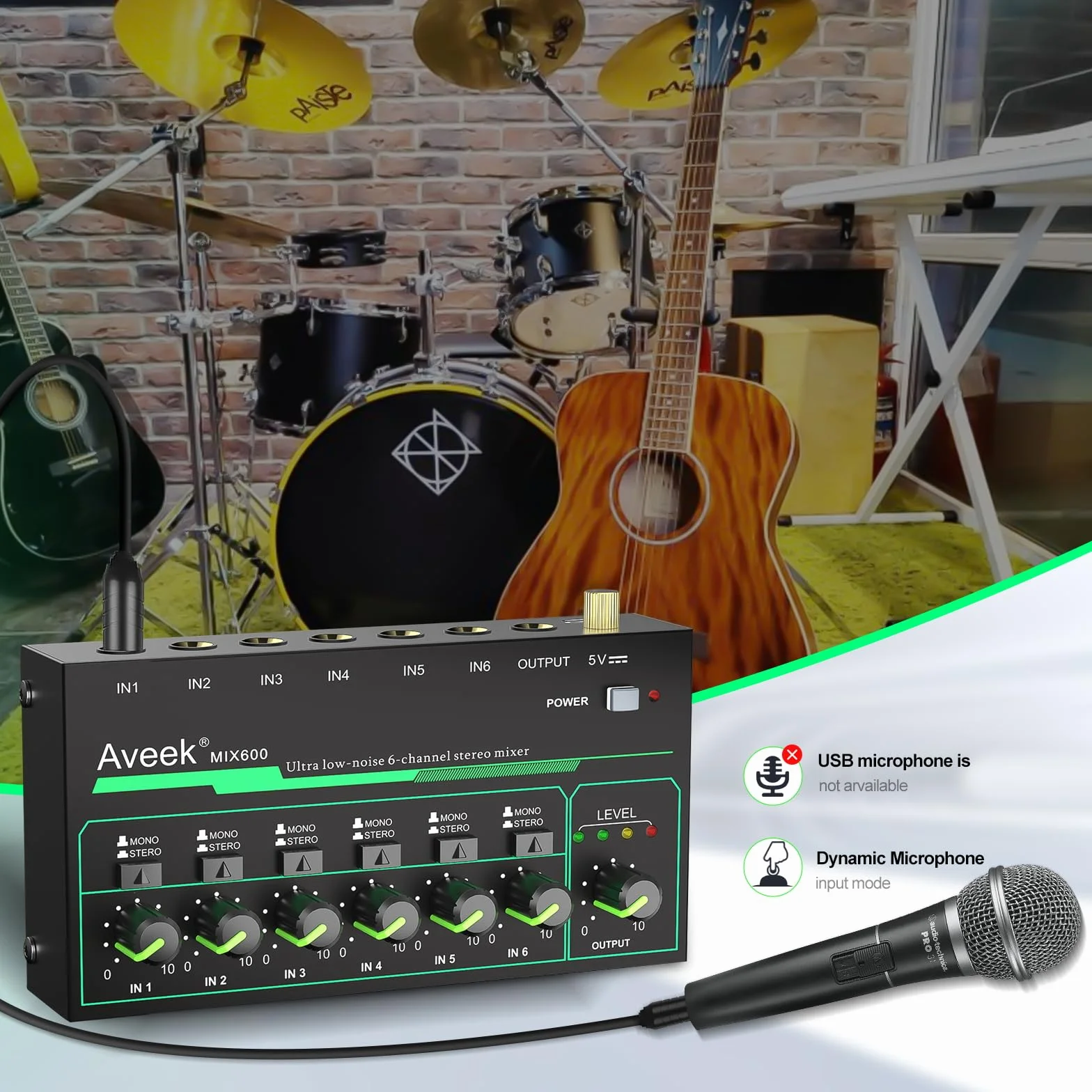 Aveek 6-kanałowy mikser – mini 6-kanałowy mikser audio stereo, niski poziom hałasu dla precyzyjnego podmieszania, wejście/wyjście TRS 1/4 cala, idealny do mikrofonów, gitar, basów, scen
