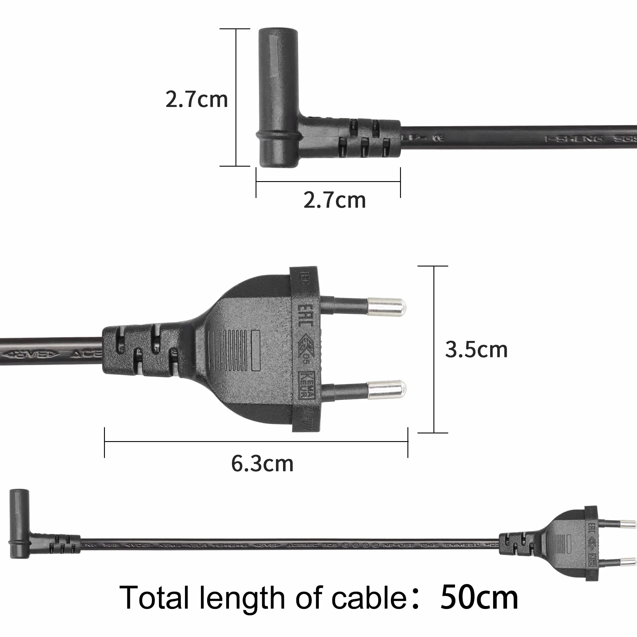 Wtyczka euro na gniazdo C7 kabel zasilający YACSEJAO 2-biegunowy 90 stopni wtyczka EU na podwójne gniazdo euro C7 ilustracja 8 kabli przyłączeniowych prądowych, 0,5 m