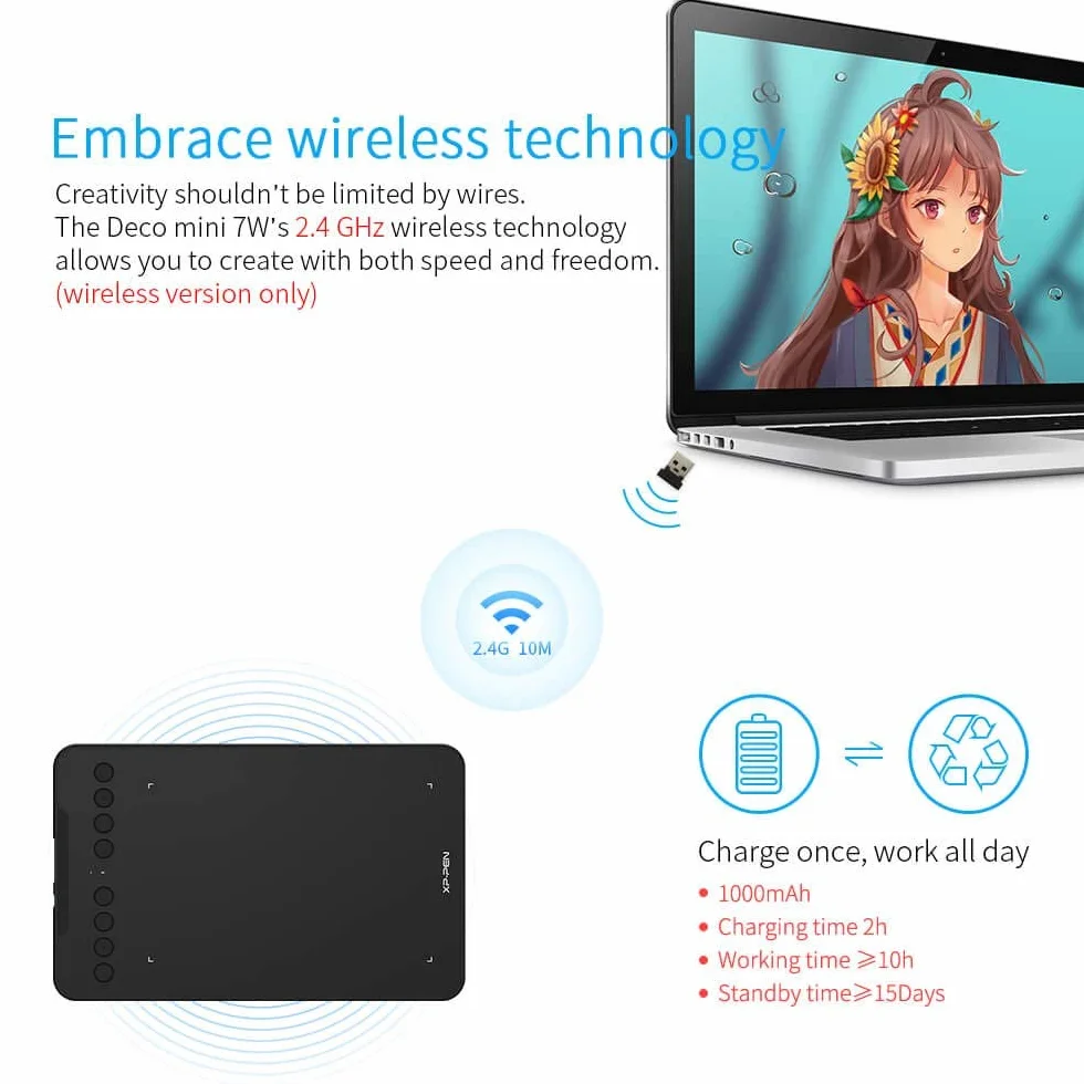XPPen Deco Mini tablet graficzny 7 W, 2,4 G, bezprzewodowy tablet do rysowania, z nachyleniem 60°, kompatybilny z systemem Android/Windows/Mac/Chromebook