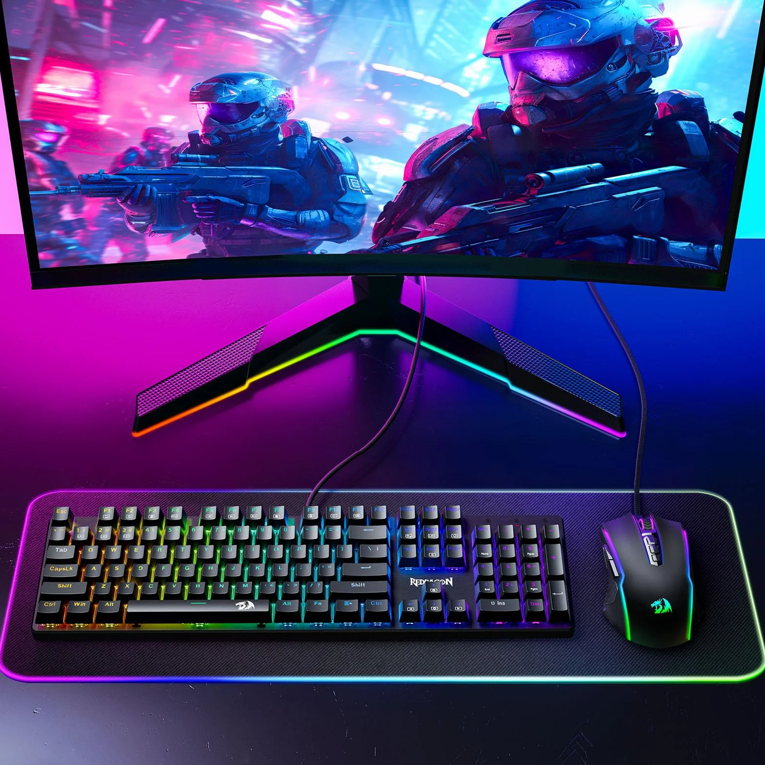 Redragon Mysz gamingowa RGB, przewodowa z 9 programowalnymi przyciskami makro, chromowane podświetlenie RGB, regulacja 8000 DPI, mysz do gier komputerowych z przyciskiem Fire do Windows/Mac, czarna,