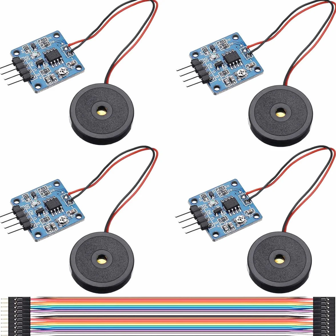 4 sztuki 5 V piezoelektryczny czujnik wibracji moduł przełączania TTL, dwa opcjonalne wyjścia AD/DO regulowany moduł przełącznika wibracyjnego z kablem DuPont do Arduino DIY