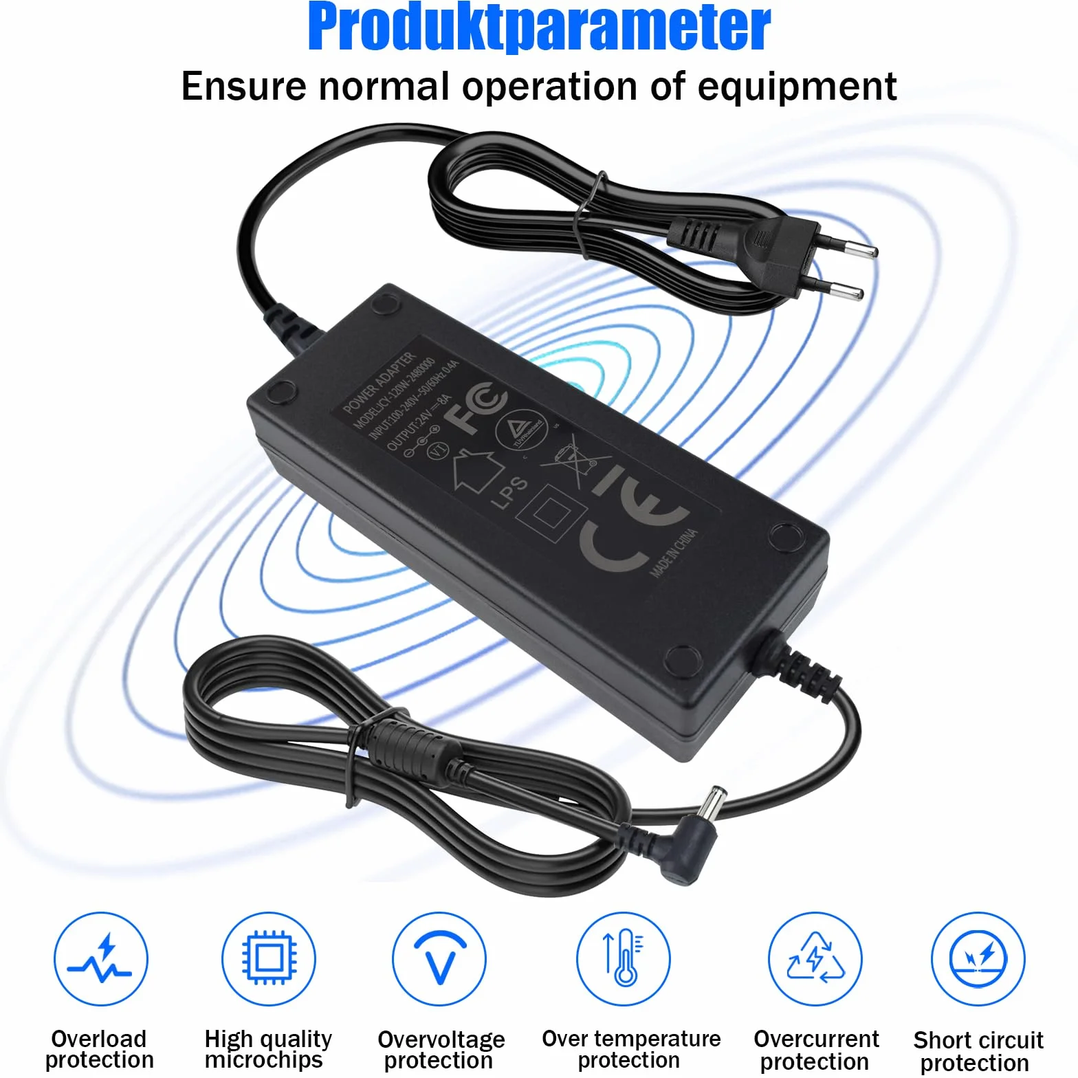 24 V, 8 A, zasilacz 192 W, konwerter napięcia AC 100-240 V na DC 24 V, uniwersalny zasilacz z wtyczką 5,5 x 2,5 mm do taśm LED, kamery monitorującej, monitora LCD