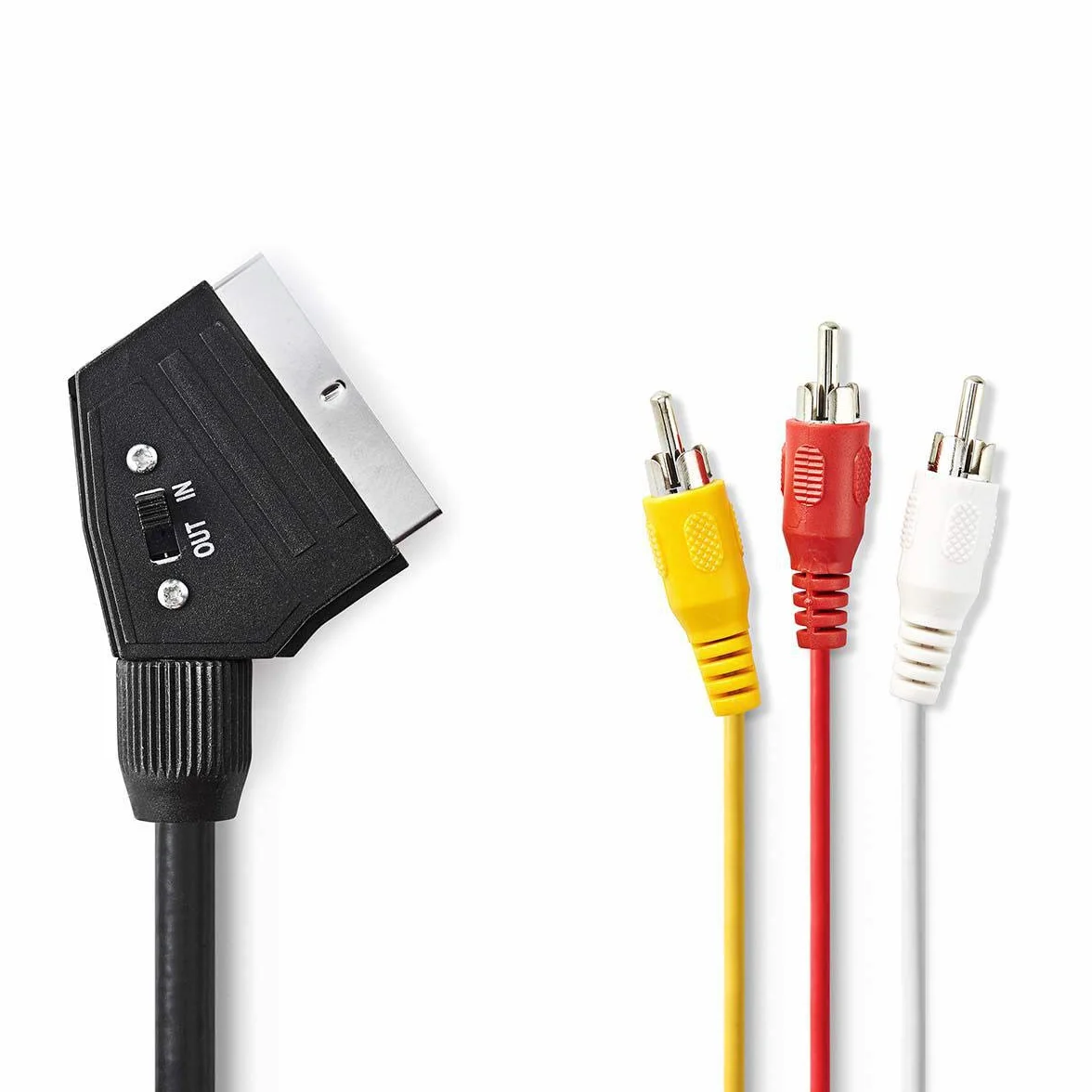 NEDIS Kabel SCART | wtyczka SCART | 3 x wtyczka cinch | niklowany | przełączany | 480p | okrągły | PCW | czarny | worek plastikowy 1,00 m 1,00 m