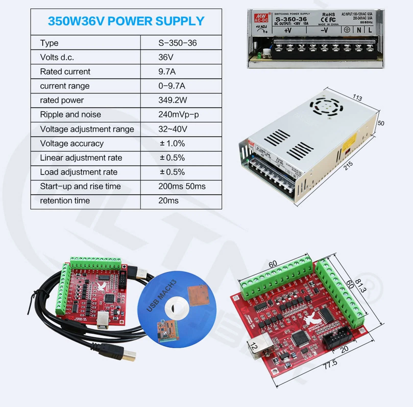 Zestaw frezów CNC o grubości 8 mm, 3 osie, 3 sterowniki silnika krokowego DM542 i silnik Nema23 1200 g + płyta interfejsu USB mach3 + zasilacz sieciowy