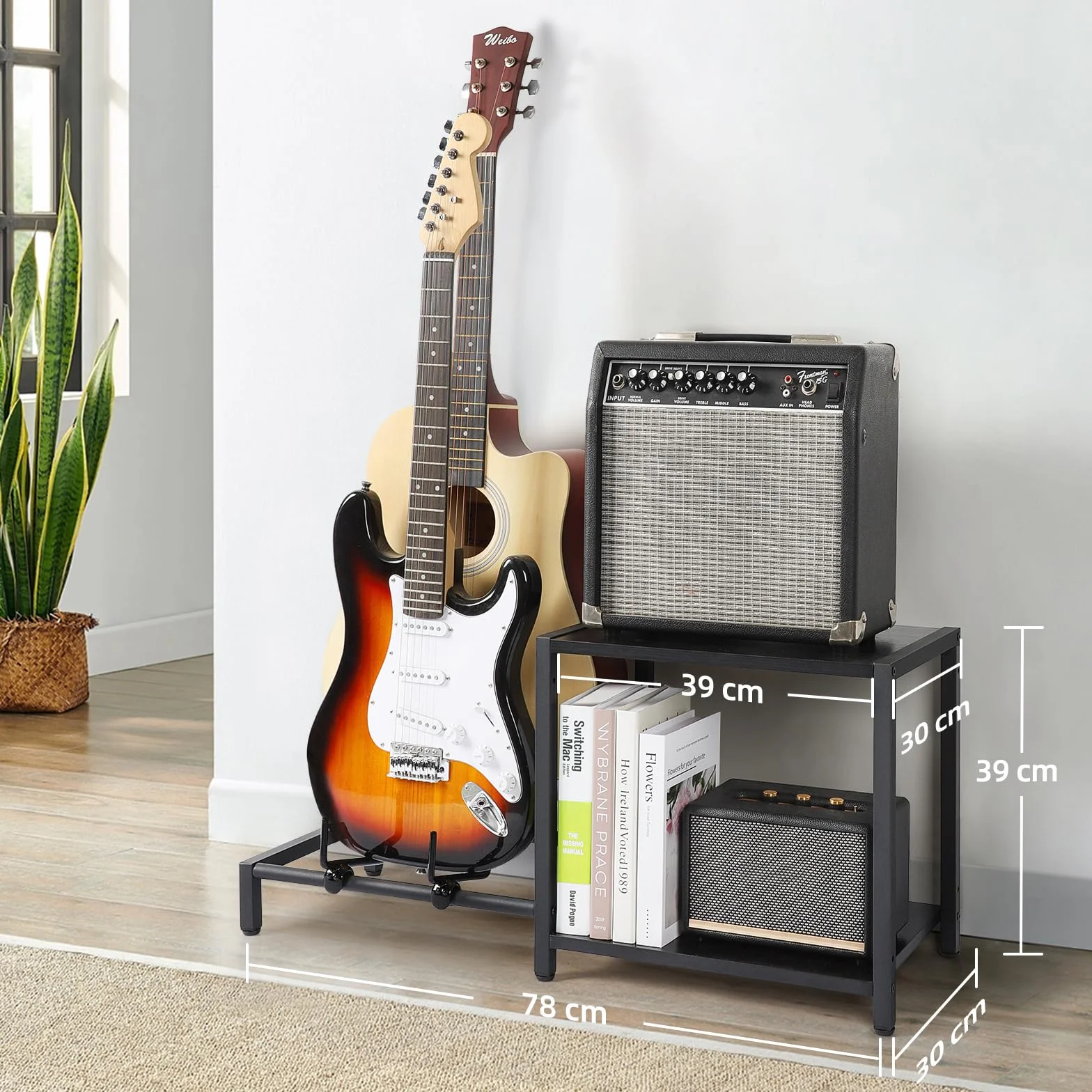 Bikoney Dwupoziomowy Stojak na Gitarę z Półką na Wzmacniacz – Regulowany Stojak na Wiele Gitar i Akcesoriów, Wieszaki na Gitarę do Studia, Domu lub Sceny – Czarny