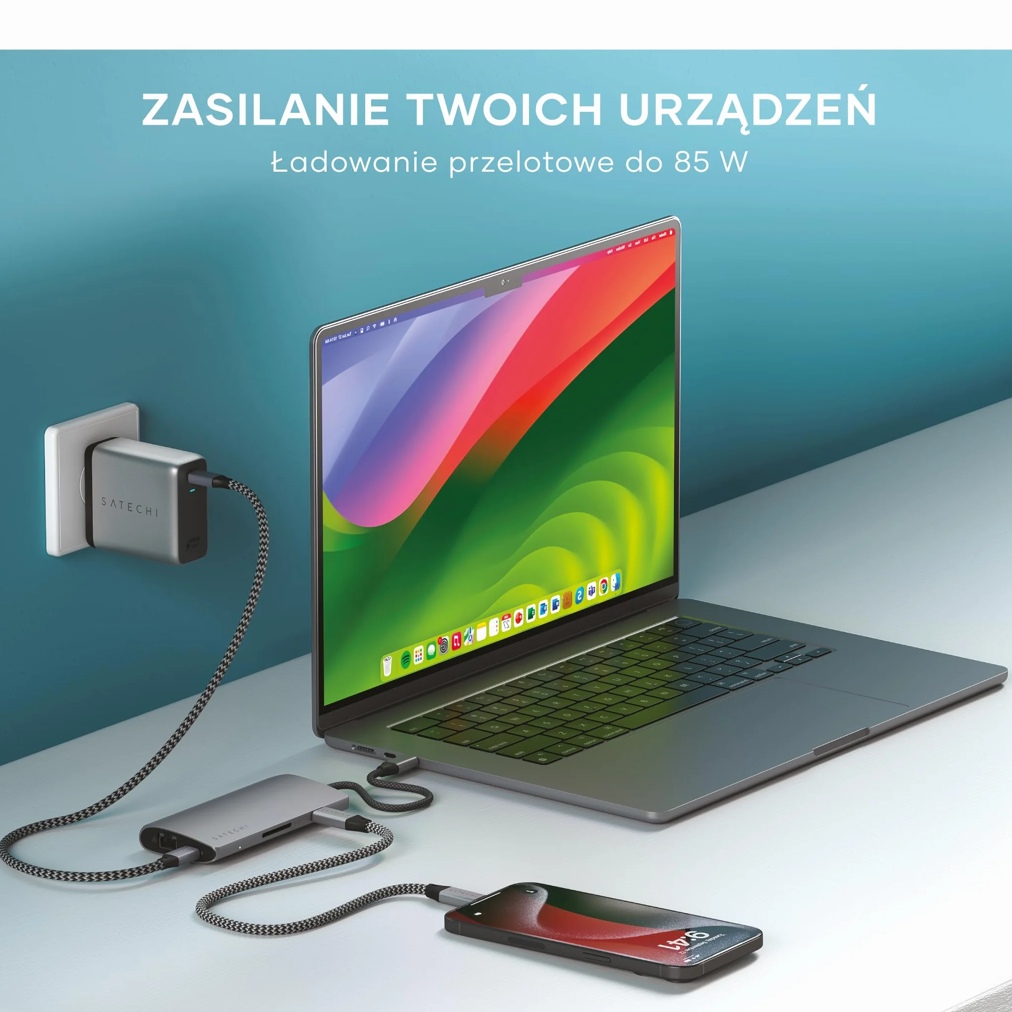 SATECHI Hub USB-C 8 w 1 z Ethernetem, HDMI 8K@30Hz, ładowaniem PD 85 W, 4 portami USB-C 10 Gb/s, transferem danych i czytnikiem kart SD UHS-II do MacBooków Air/Pro/Neo, komputerów PC i innych