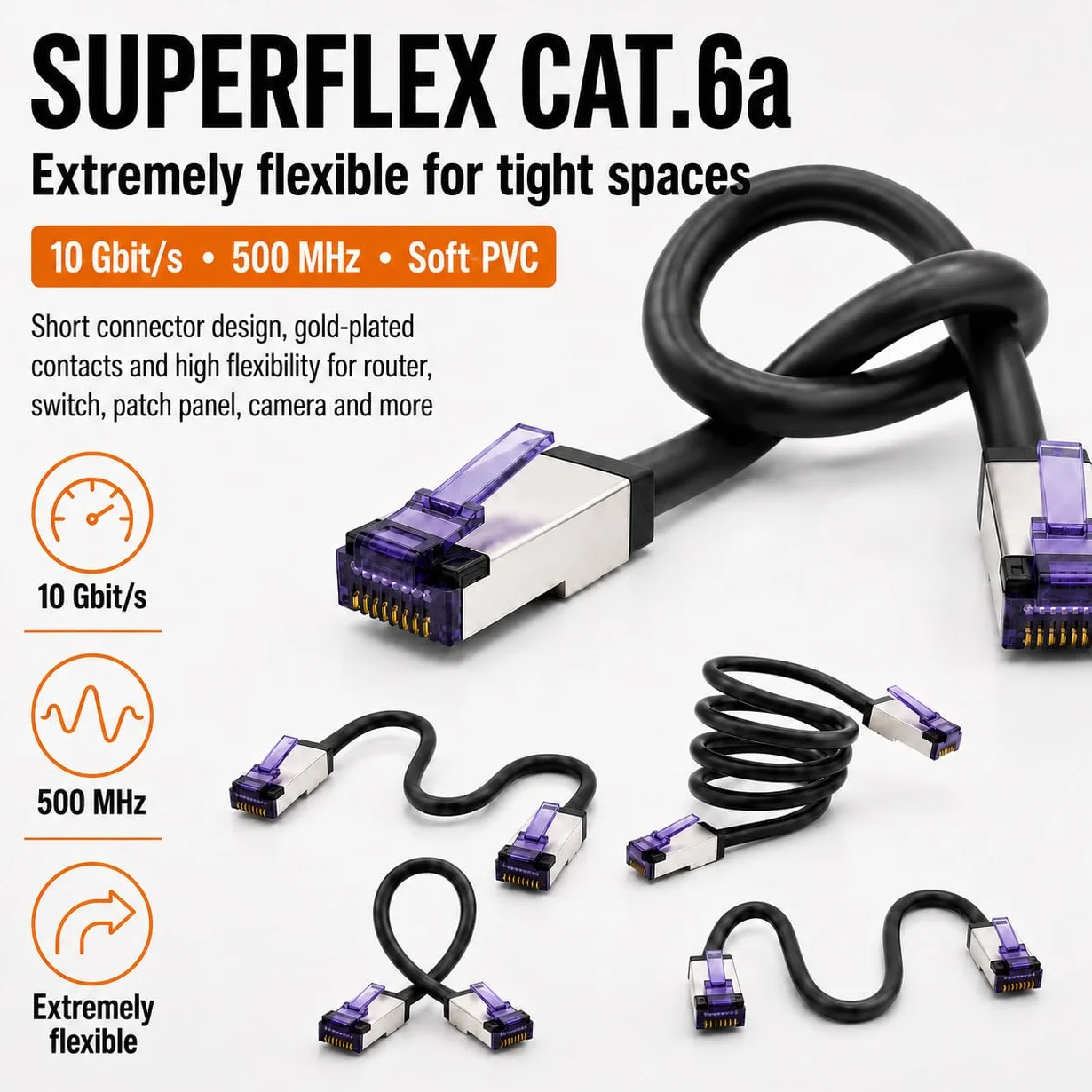 1aTTack.de - 0,15 m - 5 sztuk CAT6a kabel sieciowy RJ45 LAN kabel krosowy Ethernet S/FTP PiMF 10 Gbit/s 500 MHz Superflex Soft-PVC Gigabit kompatybilny z Cat7 Cat6 Cat5e czarny