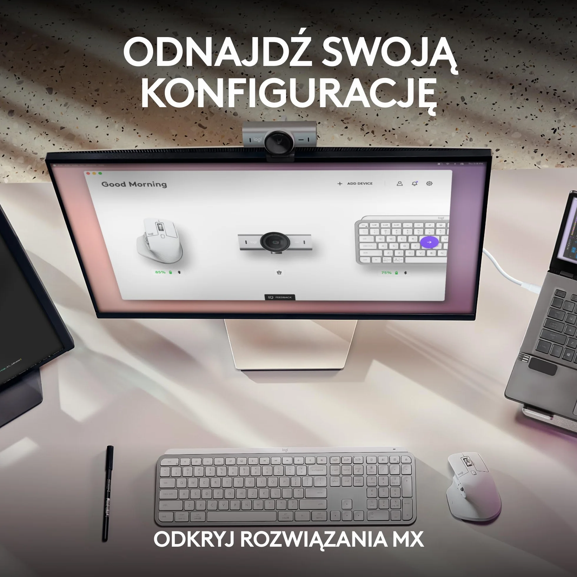 Logitech MX Brio Ultra HD 4K do współpracy i streamingu Kamera, 1080p przy 60 kl./s, mikrofony z podw. redukcją szumów, Show Mode, USB-C, osłona, działa z Microsoft Teams, Zoom, Google Meet, Pale Grey