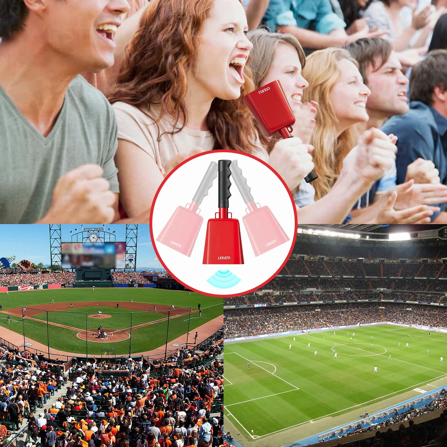 Cowbell 1 szt., stalowy dzwonek krowy 20 cm z uchwytem, dzwonek ręczny na wydarzenia sportowe, mecze piłki nożnej, impreza, farma, dzwonki ręczne perkusyjne instrumenty muzyczne (20 cm, czerwony)