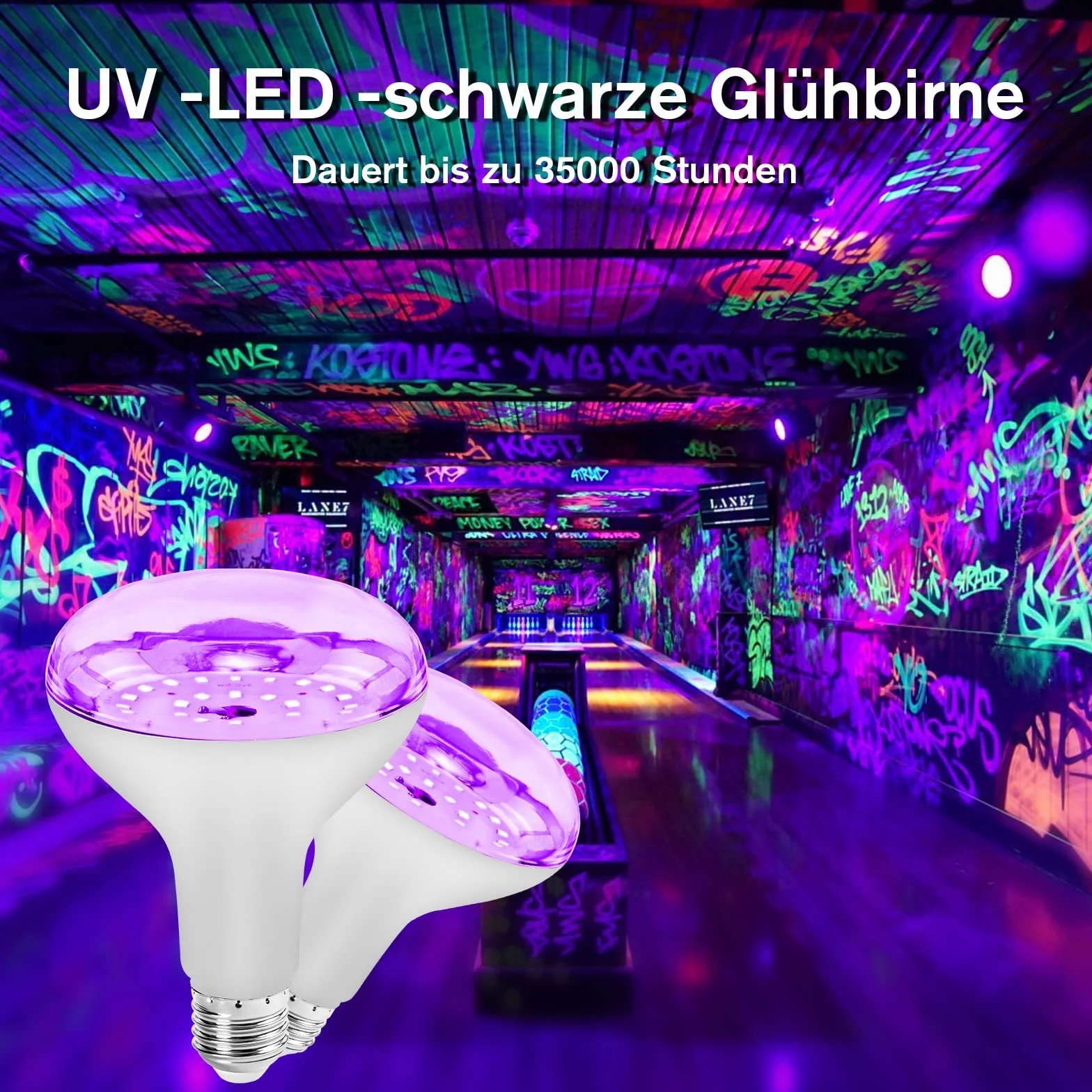 2 szt. E27 15W UV Schwarzlicht Glühbirne, czarna żarówka świetlna 385-400nm UVA Schwarzlichtung, neonfarben partylicht dla Halloween Party Disco Club Bar Körperkuns