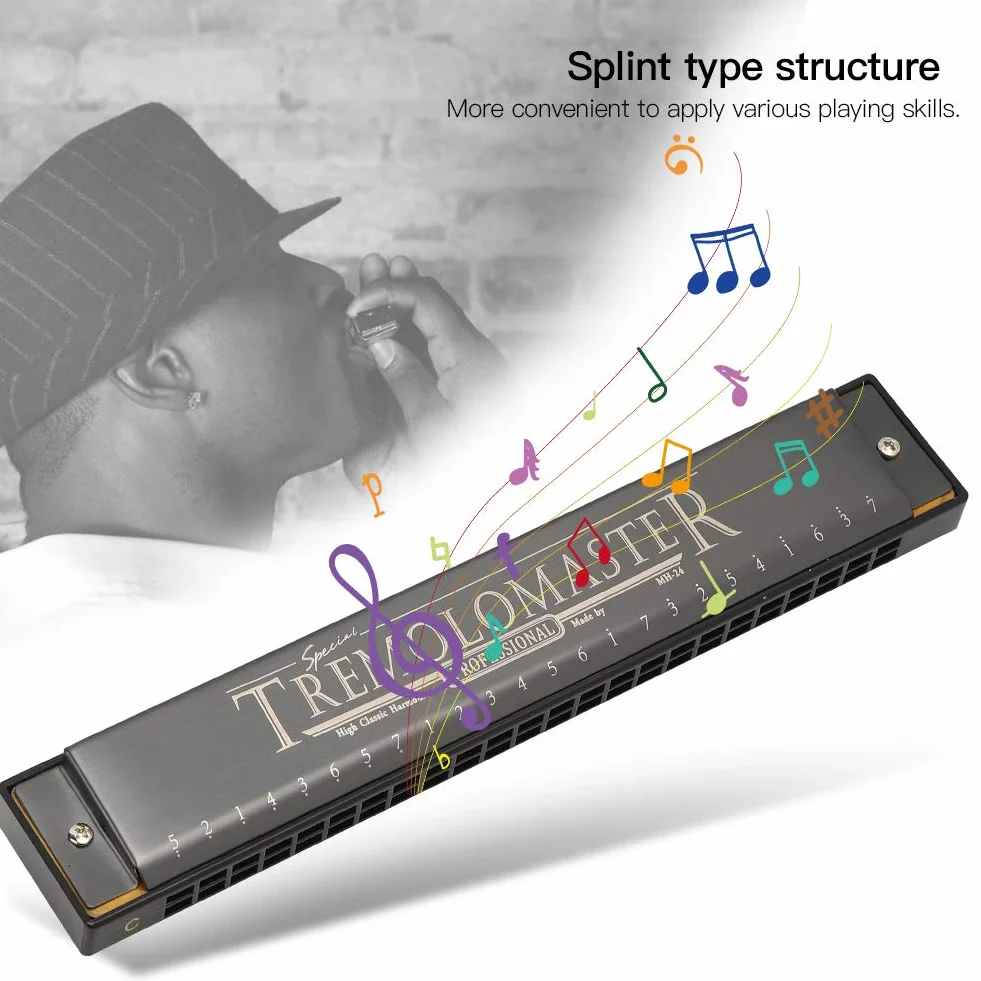 C-Key 24-otworowa harmonijka Profesjonalny instrument dęty Mouthorgan (czarny mat)