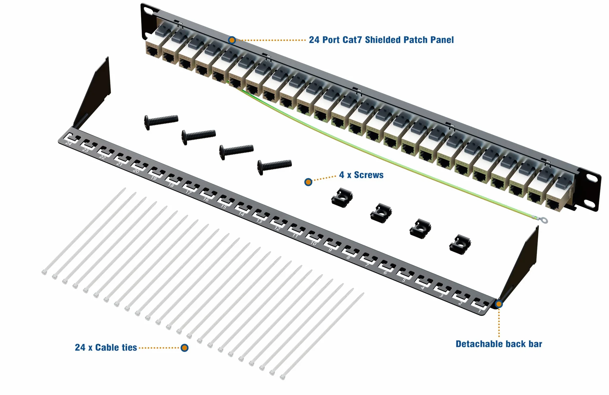 iwillink Panel krosowy Cat7 10 Gb/s, 24 porty, RJ45 łącznik przelotowy 1U, ekranowany panel krosowy STP 48 cm z tylnym drążkiem, montażem ściennym lub stojakiem, kompatybilny z Cat7, Cat6A, Cat6