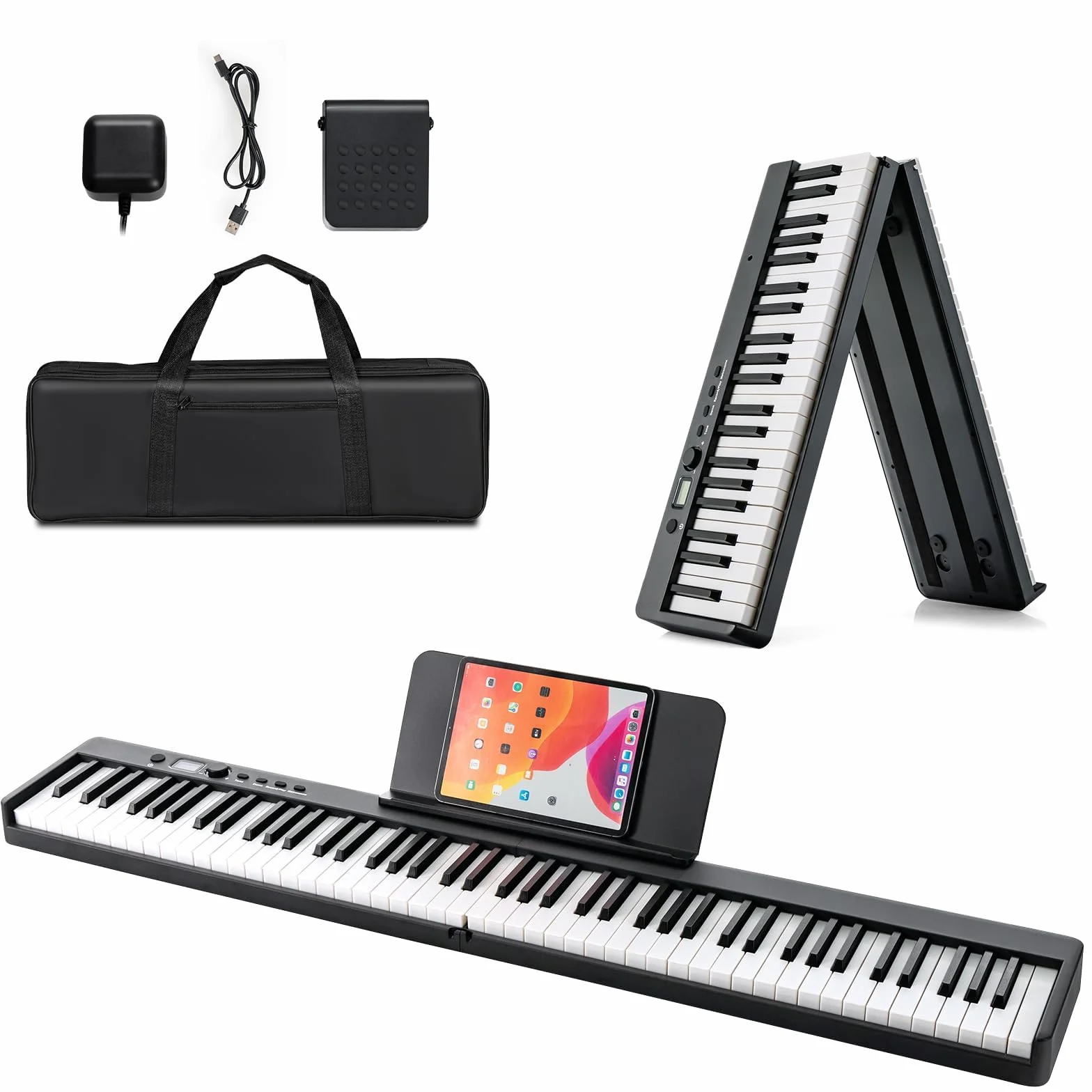 KOMFOTTEU Pianino cyfrowe 88 klawiszy, składane elektroniczne pianino, elektroniczne pianino, przenośne cyfrowe keyboard z pedałem sustain, 20 demo/ 128 rytmów Zestaw pianino cyfrowego (Czarny)