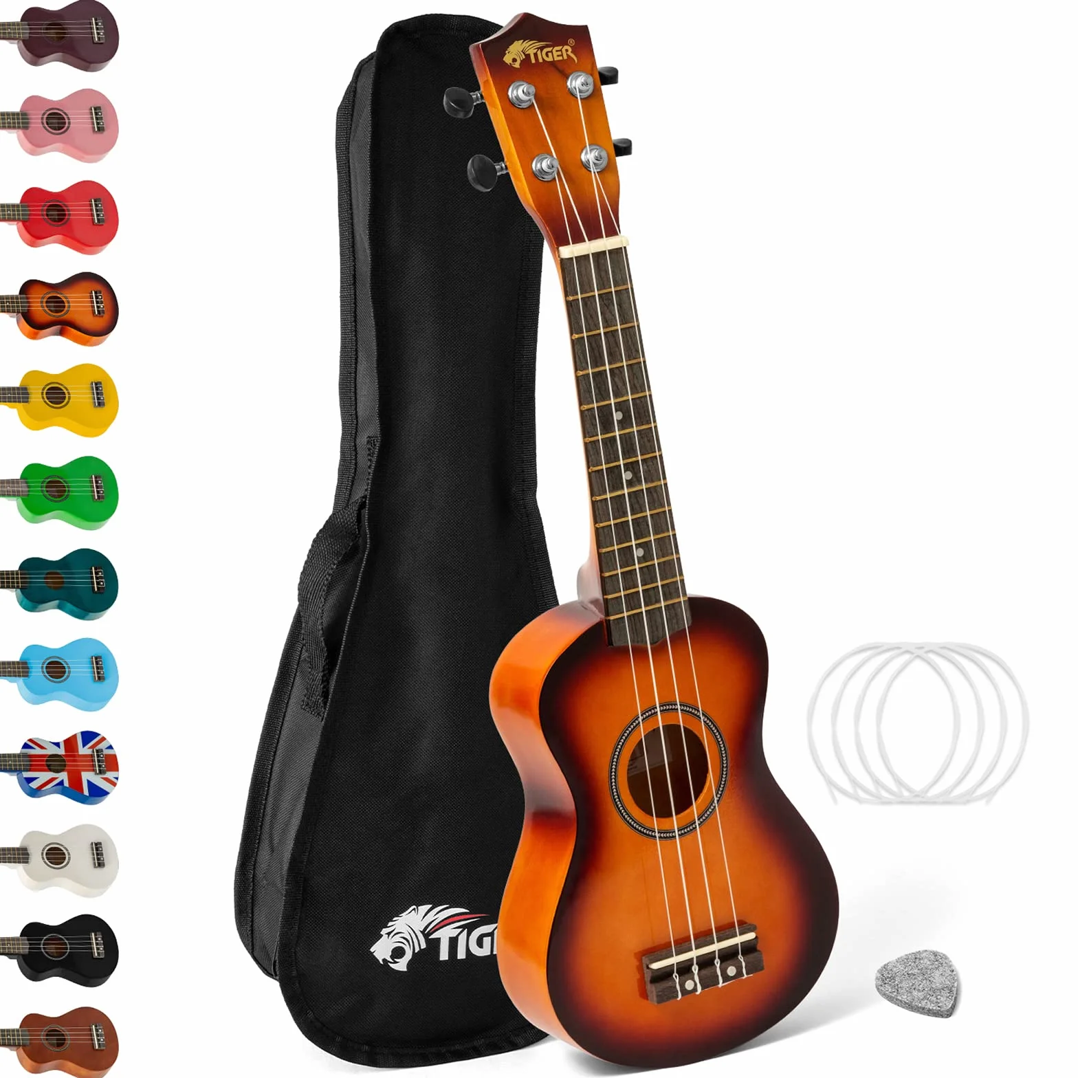 Tiger Ukulele sopranowe UKE7 dla początkujących, zawiera torbę Gig Bag, filcową kostkę, zestaw zapasowy strun nowy na rok 2020, teraz wyposażone w struny Aquila - Sunburst