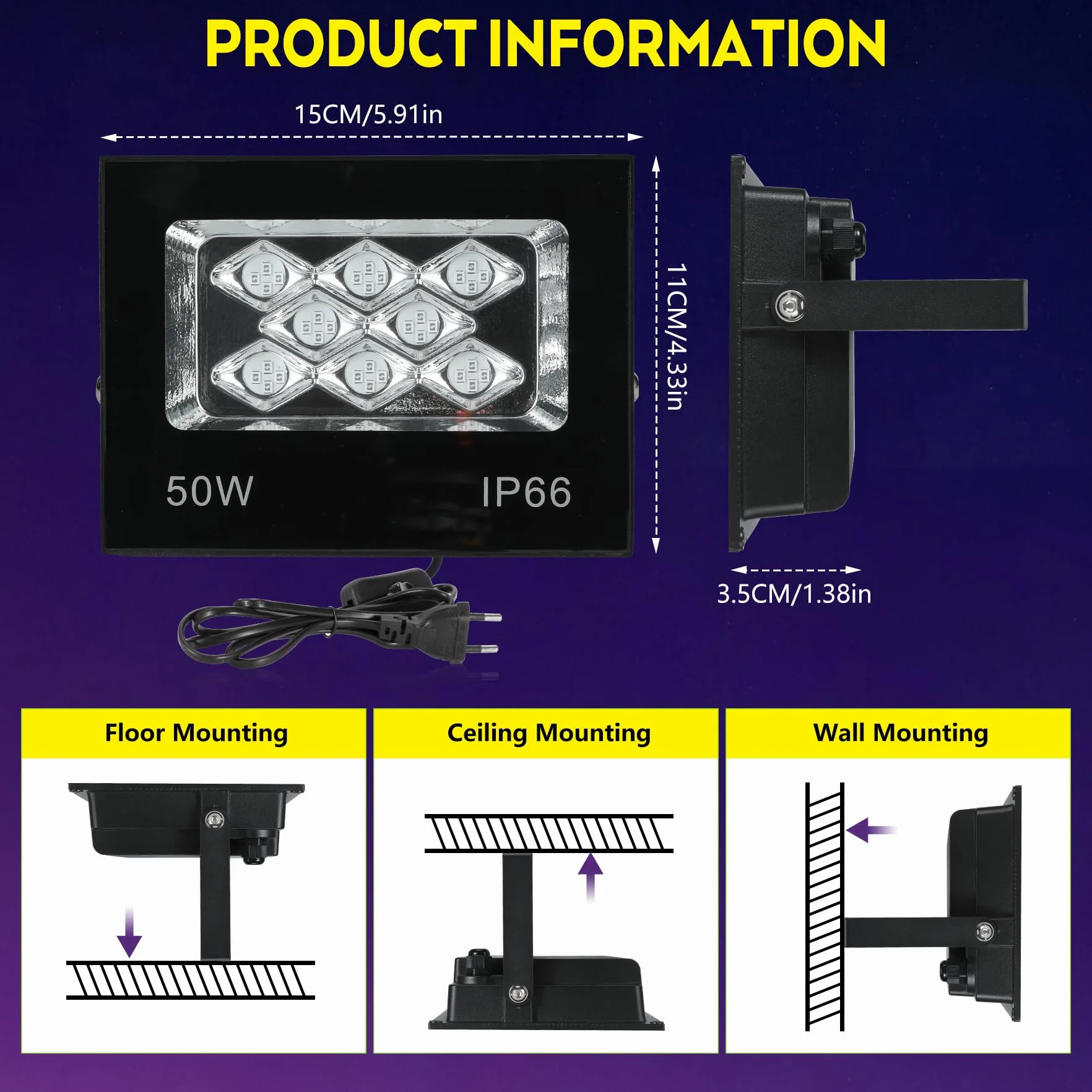 VAYALT Reflektor LED 50 W, czarne światło, reflektor LED UV na imprezę, 395-405 nm, IP66, wodoszczelna lampa z wtyczką, światło UV na dyskotekę, imprezę z okazji imprez, dekoracji Halloween