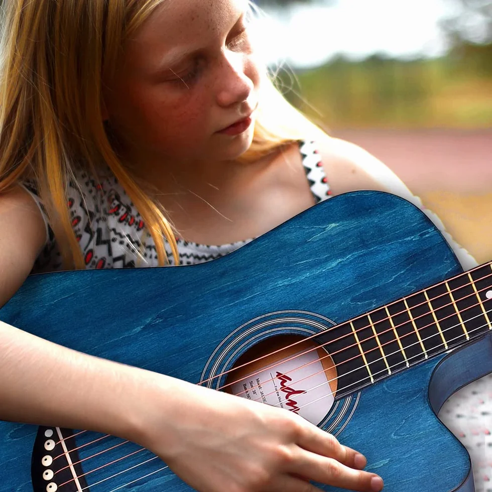 ADM Gitara akustyczna dla dorosłych, początkujących, gitara ludowa dla dzieci w wieku 8+, zestaw do gitary akustycznej ze stalowymi strunami, niebieska gitara podróżna, 96 cm, prezenty gitarowe dla chłopców i dziewcząt