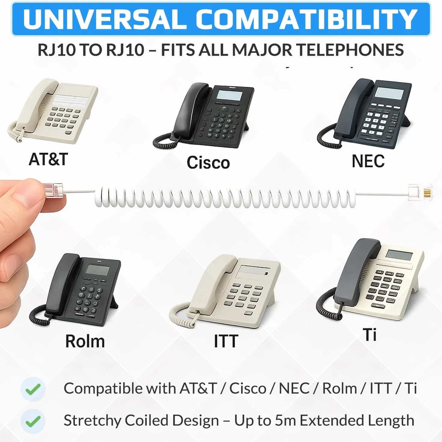 Kabel telefoniczny RJ10 z kręconą sprężyną, spiralny przewód słuchawkowy, 3 metry, kompatybilny z telefonami stacjonarnymi/IP BT, AT&T, Cisco, NEC, ROLM, ITT, TI (biały)