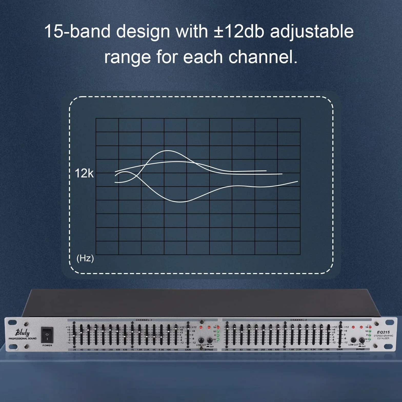 Btuty EQ-215 Dual Channel 15-pasmowy korektor 1U do montażu na stojaku 2-kanałowy stereo graficzny