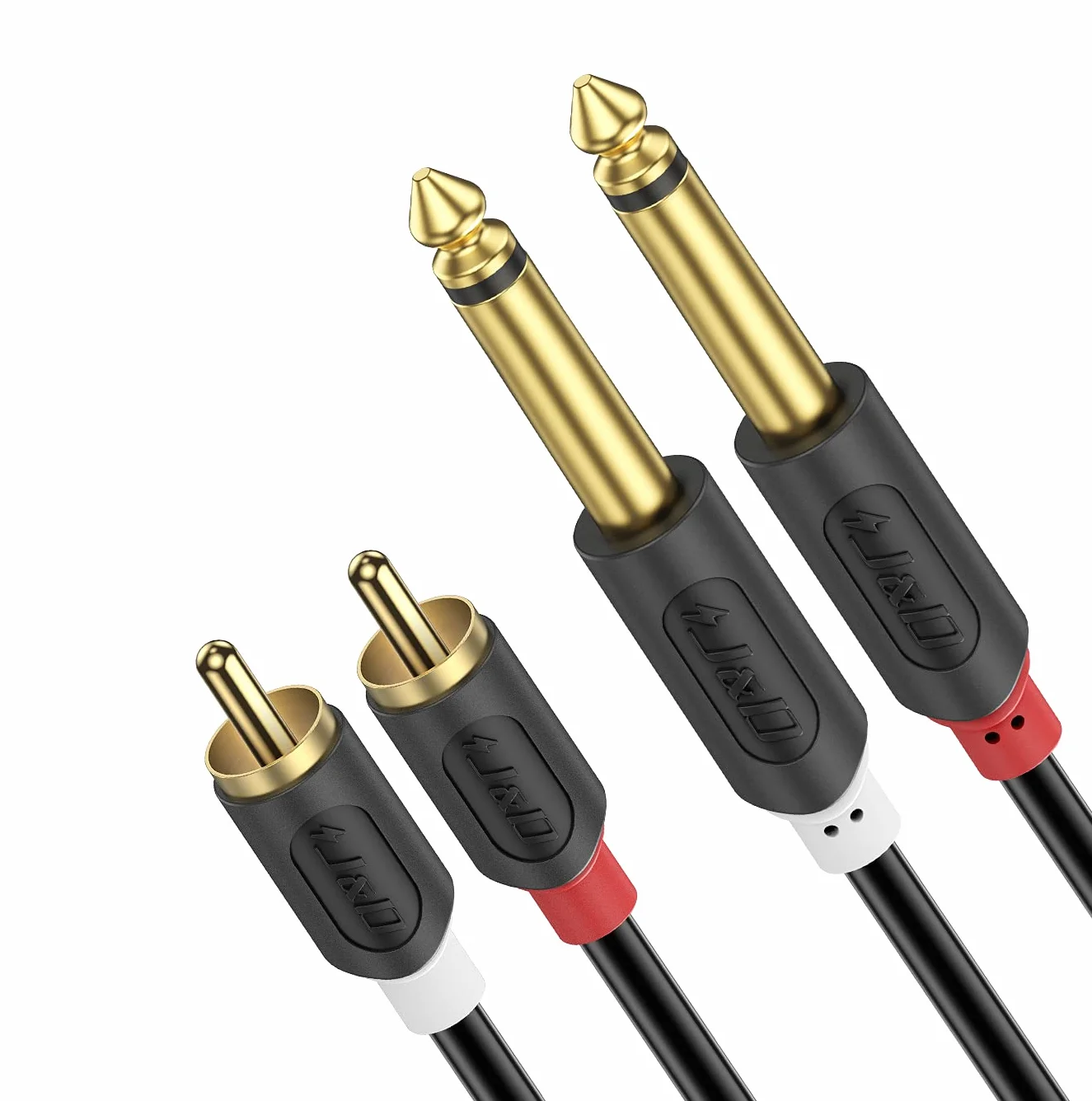 J&D Kabel cinch na 6,3 mm jack 0,9 m, pozłacany 2 x męski cinch na 2 x duży jack mono kabel audio do odbiornika AV, wzmacniacza, systemu audio HiFi, systemu kina domowego, głośników