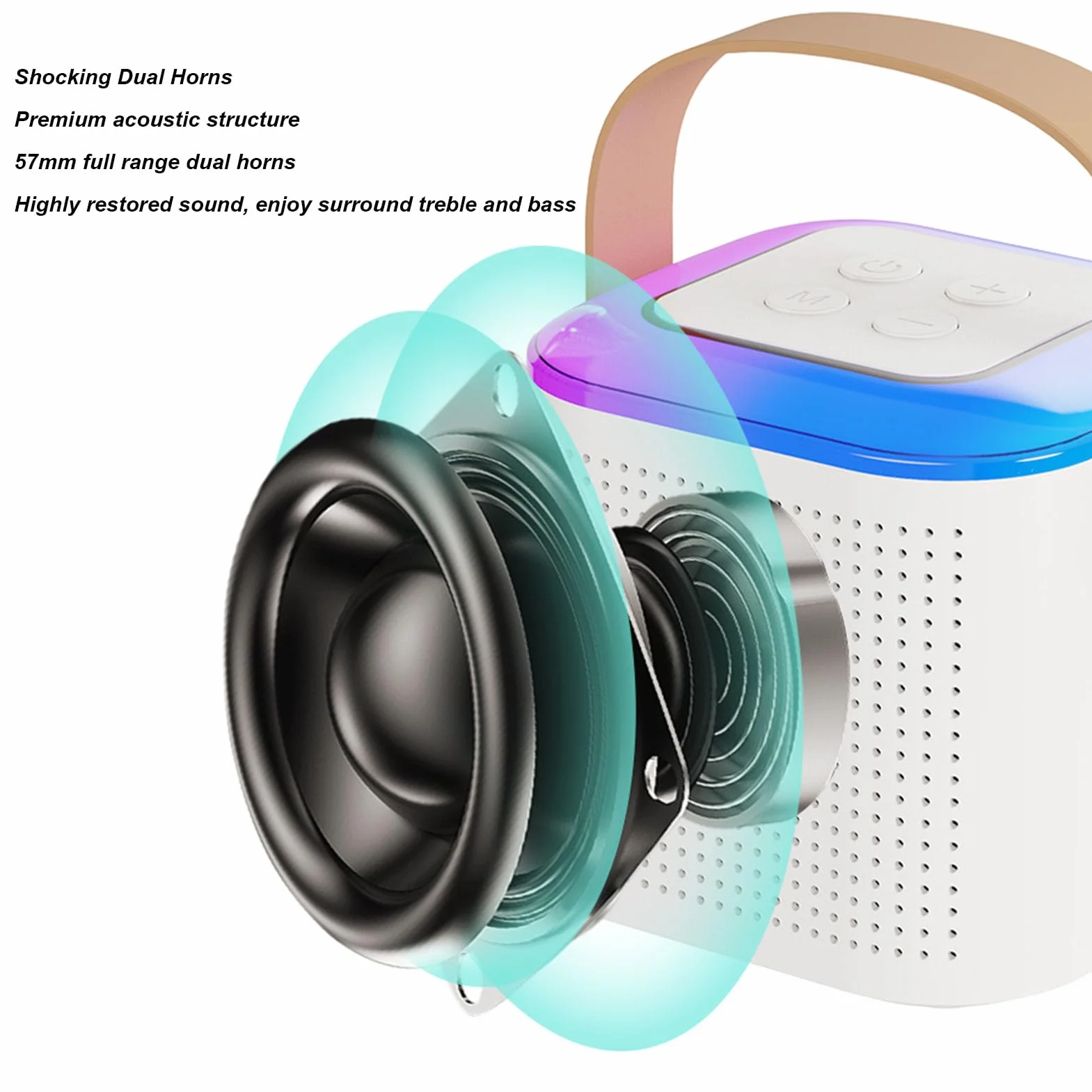 Mini Maszyna do Karaoke, Stereofoniczny Przenośny Głośnik BT z Oświetleniem RGB, Przenośny Zestaw do Karaoke z 2 Mikrofonami Bezprzewodowymi Preferowany Poziom Amatorstwa (White)