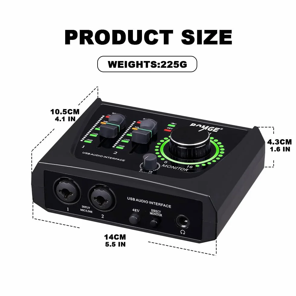 BOMGE mini 2-kanałowy interfejs audio USB do nagrywania, przesyłania strumieniowego i podcastingu, z zasilaniem fantomowym XLR/48 V, interfejs audio jakości studyjnej dla gitarzysty, wokalisty