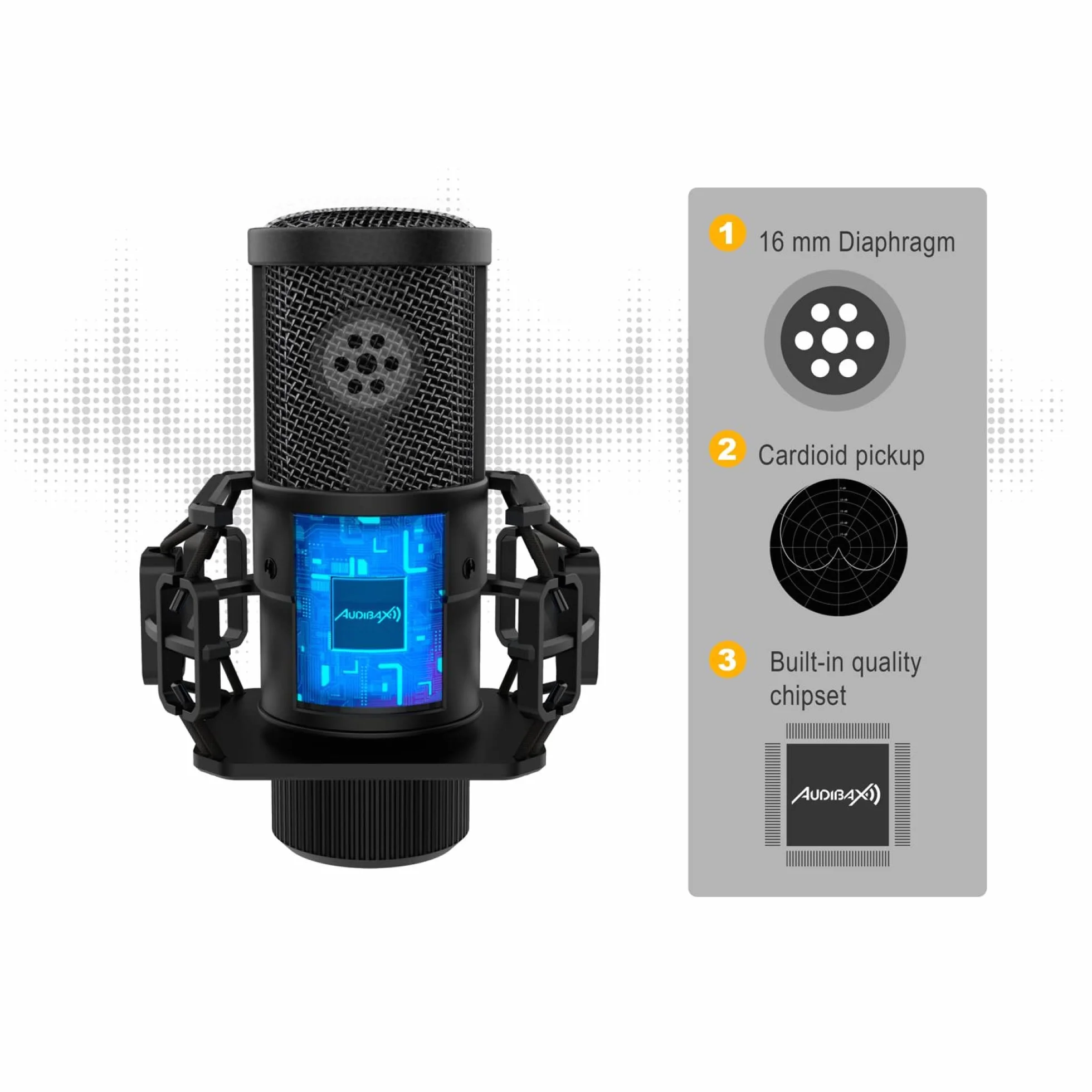 Audibax AT2020 - Mikrofon studyjny - w zestawie kabel XLR, uchwyt na stół i żyrandol, wiatrówka i walizka - Pasmo przenoszenia 50 Hz/20 KHz - Kardioidalny mikrofon z biegunowym wzorem