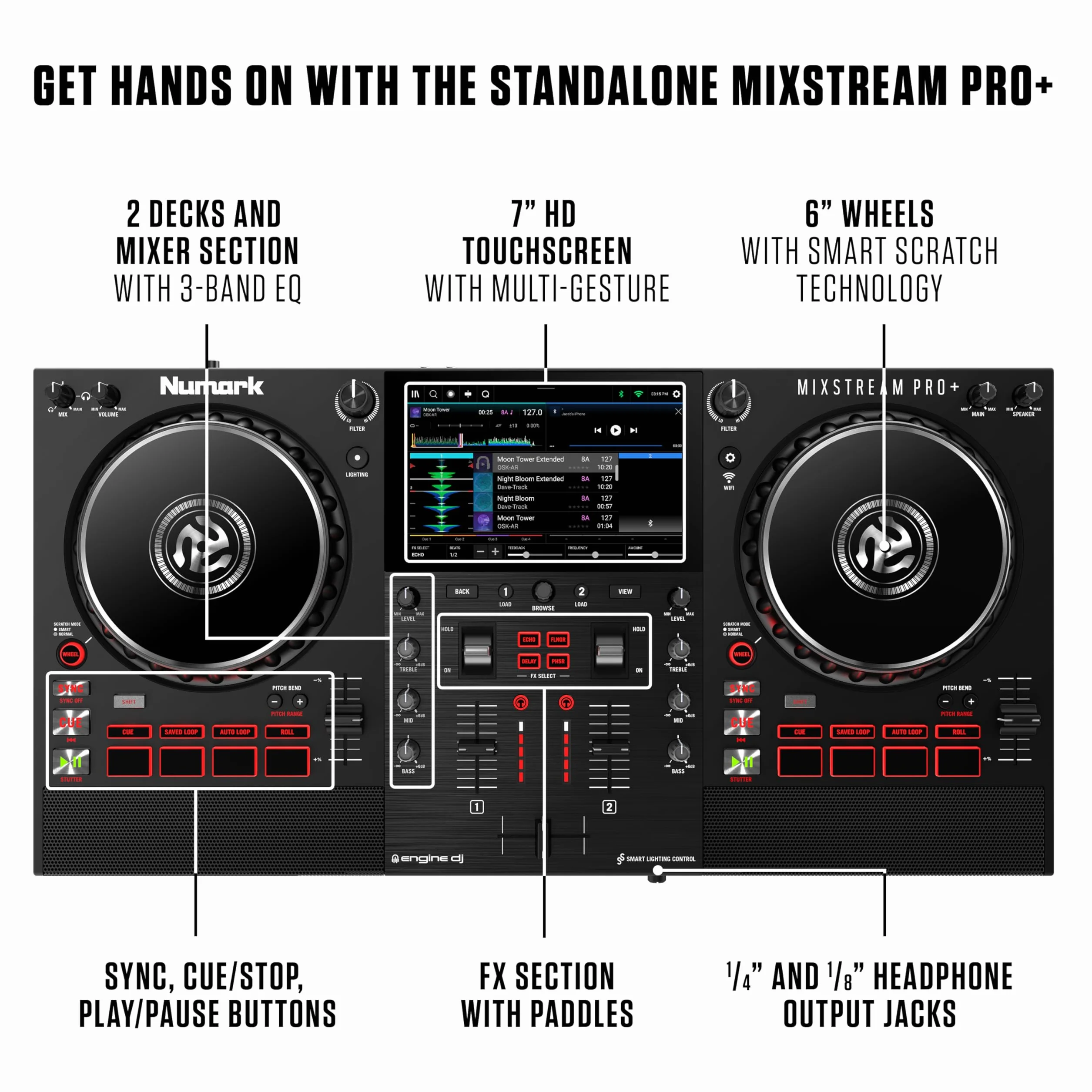 Numark Mixstream Pro+ Kontroler DJ z separacją stemów, 2 deckami, Wi-Fi, mikserem, ekranem 7″ i głośnikami, kompatybilny z Serato i Virtual DJ